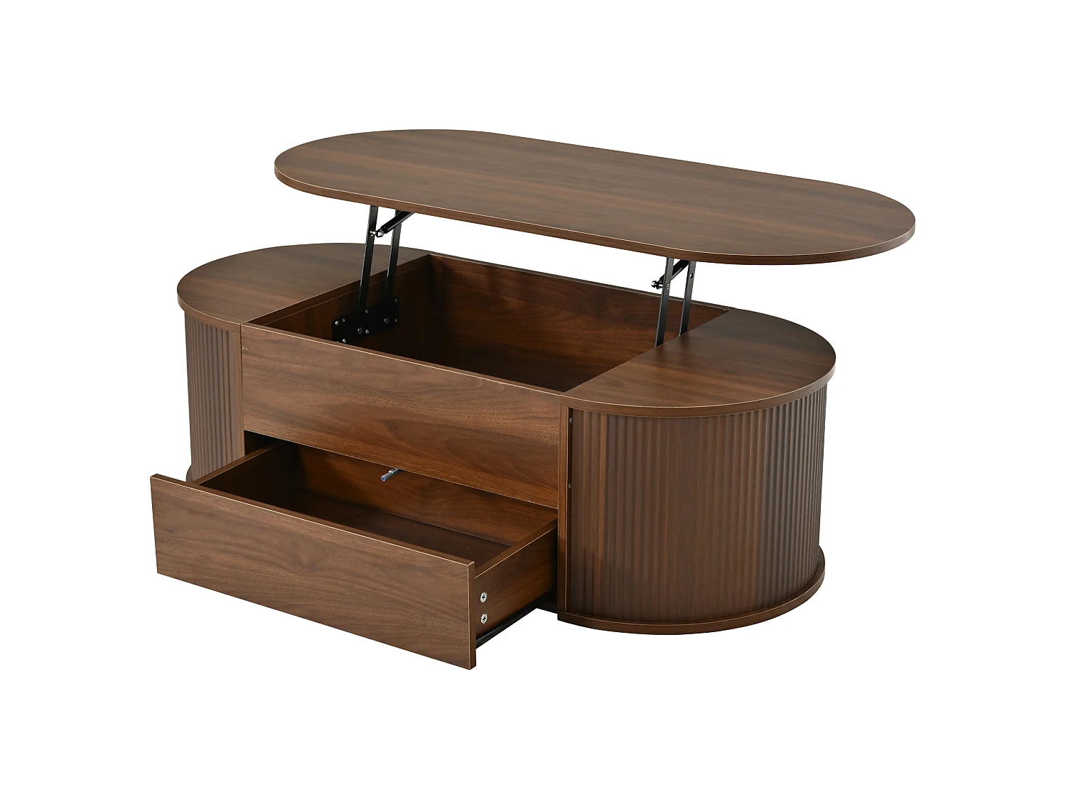Table basse relevable 100x50x35 cm - 1 tiroir et rangement dissimulé - Finition effet bois - Design ovale - Marron