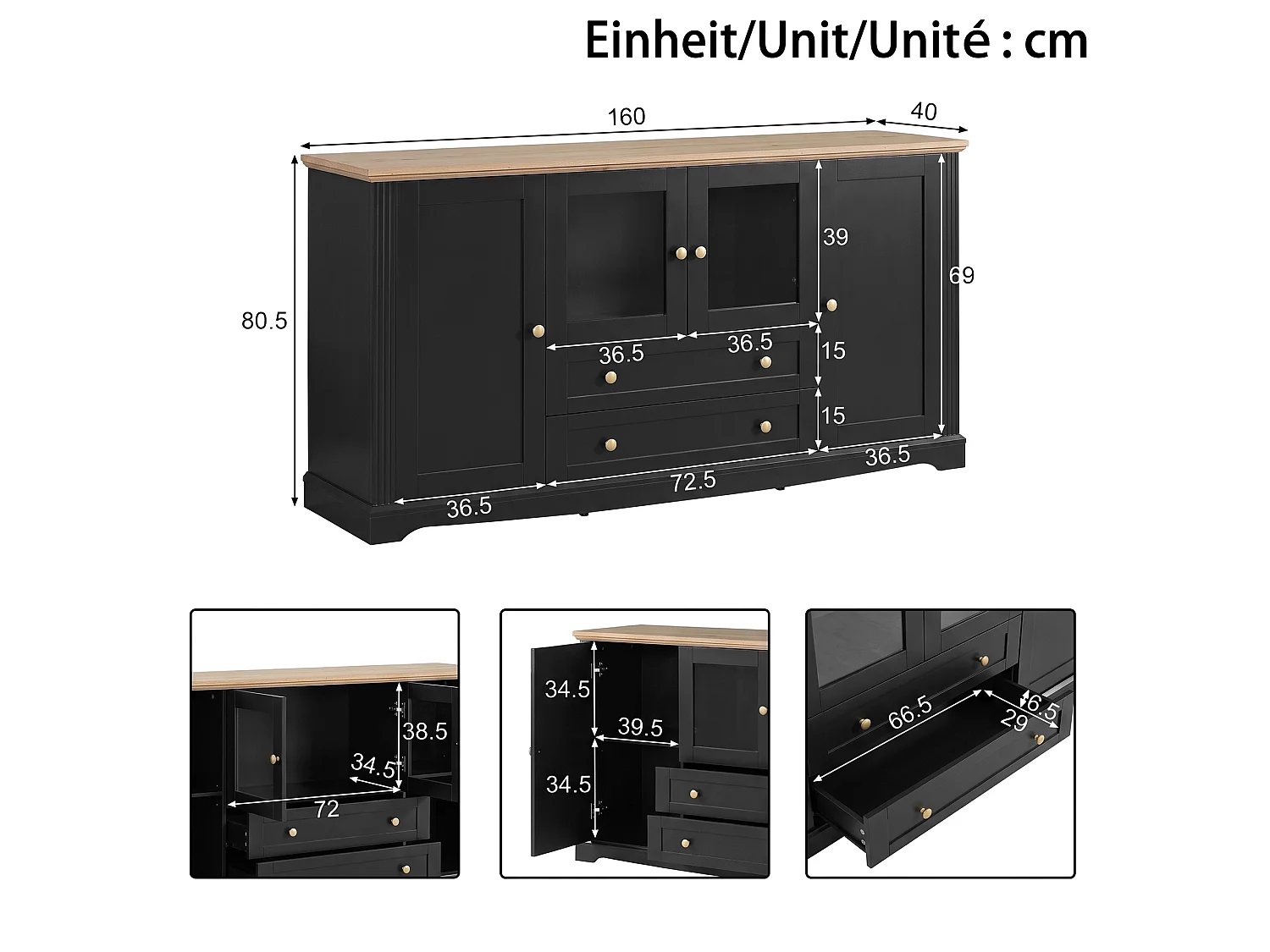Bufet 160x40x80,5 cm - 4 drzwi i 2 szuflady - Oświetlenie LED - Panel szklany i metalowe uchwyty - MDF - Czarny