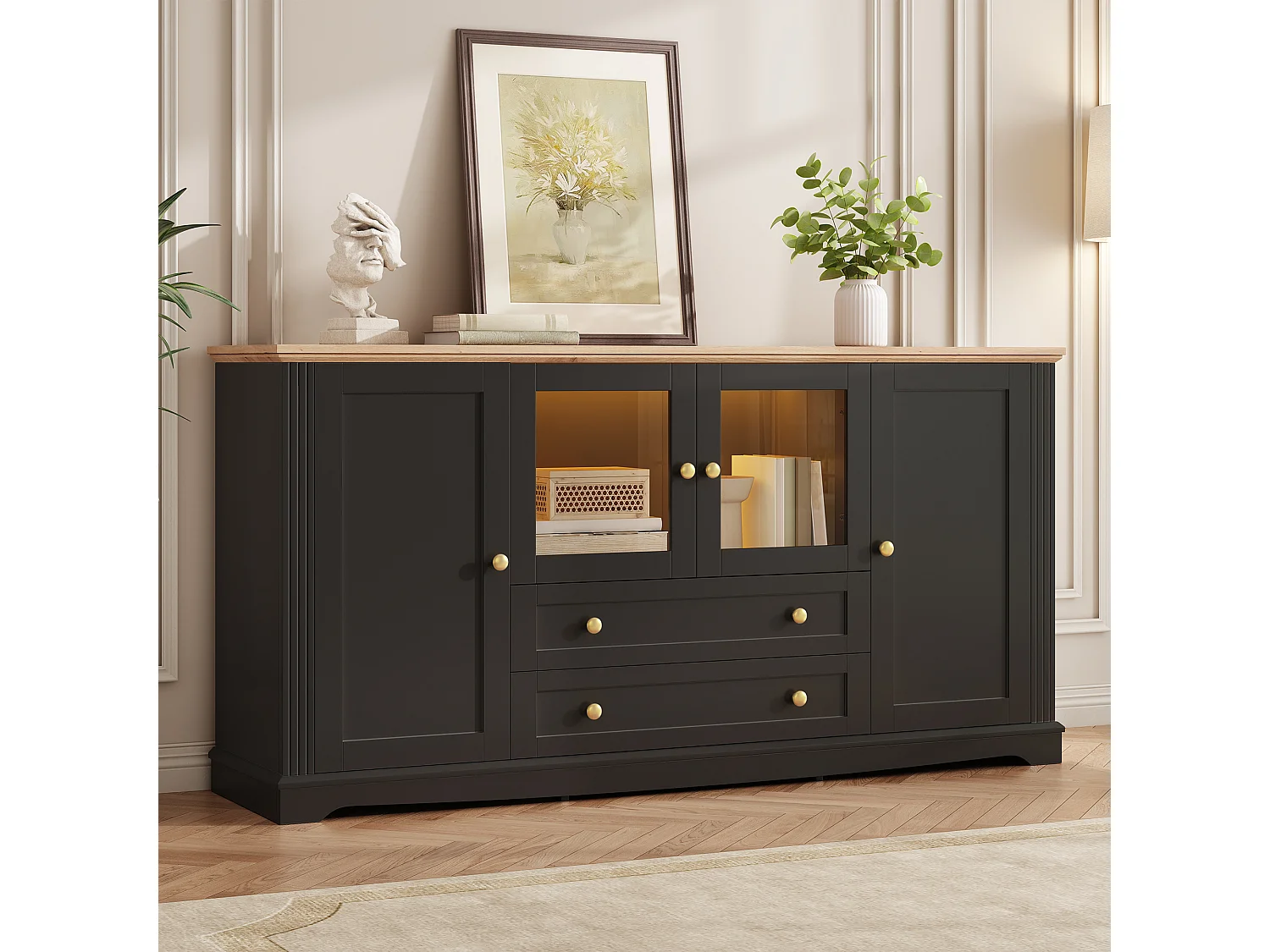 Bufet 160x40x80,5 cm - 4 drzwi i 2 szuflady - Oświetlenie LED - Panel szklany i metalowe uchwyty - MDF - Czarny