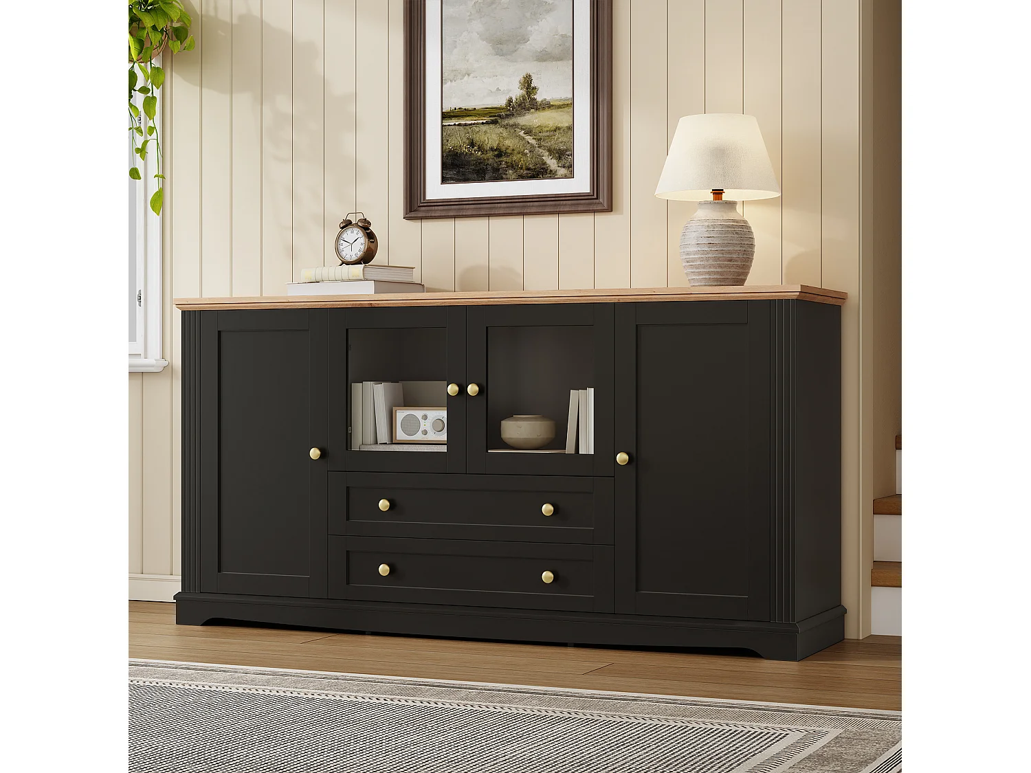 Bufet 160x40x80,5 cm - 4 drzwi i 2 szuflady - Oświetlenie LED - Panel szklany i metalowe uchwyty - MDF - Czarny