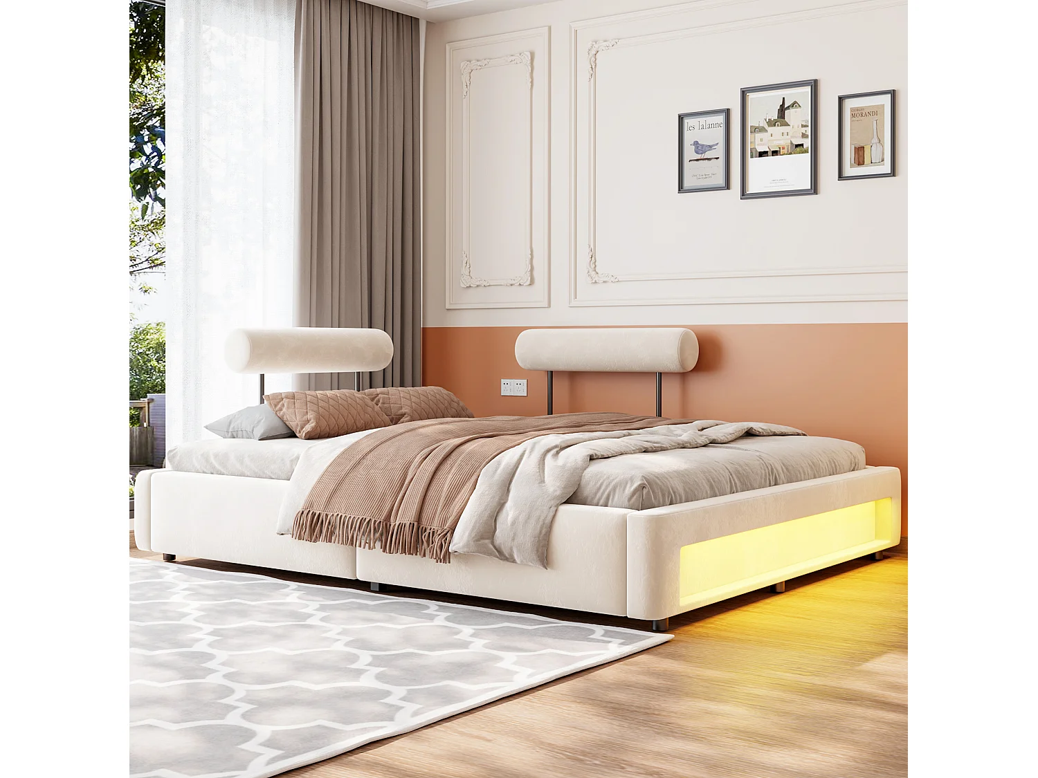 Lit rembourré 160 x 200 cm – Dossier réglable sur 4 niveaux – Avec éclairage LED – Beige (matelas non inclus)