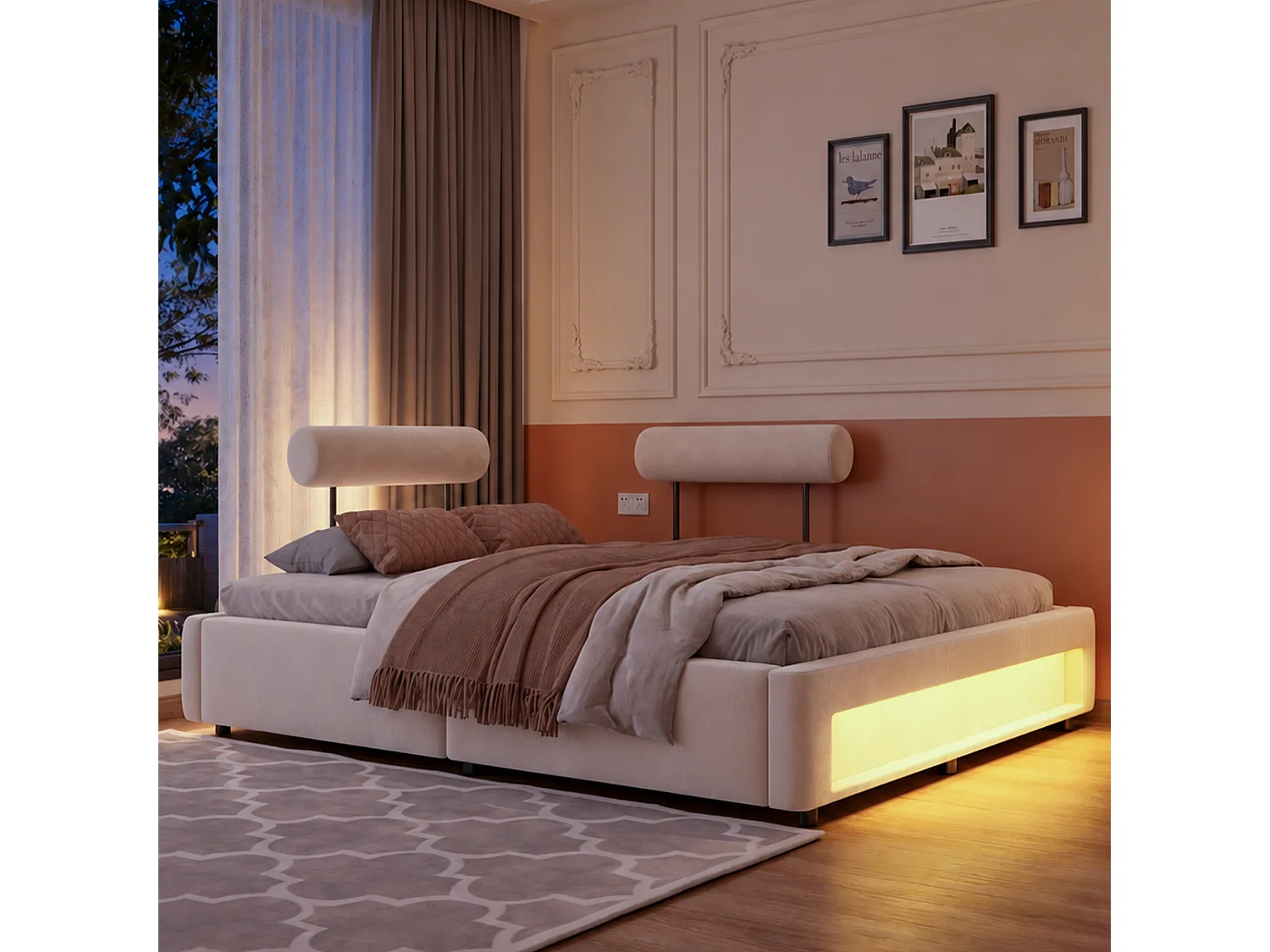 Lit rembourré 160 x 200 cm – Dossier réglable sur 4 niveaux – Avec éclairage LED – Beige (matelas non inclus)