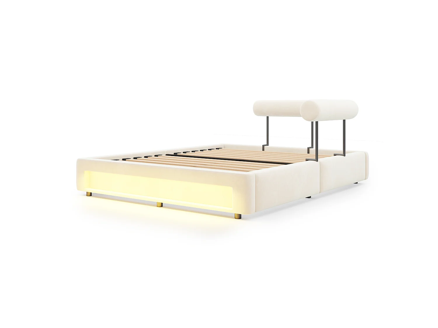 Lit rembourré 160 x 200 cm – Dossier réglable sur 4 niveaux – Avec éclairage LED – Beige (matelas non inclus)