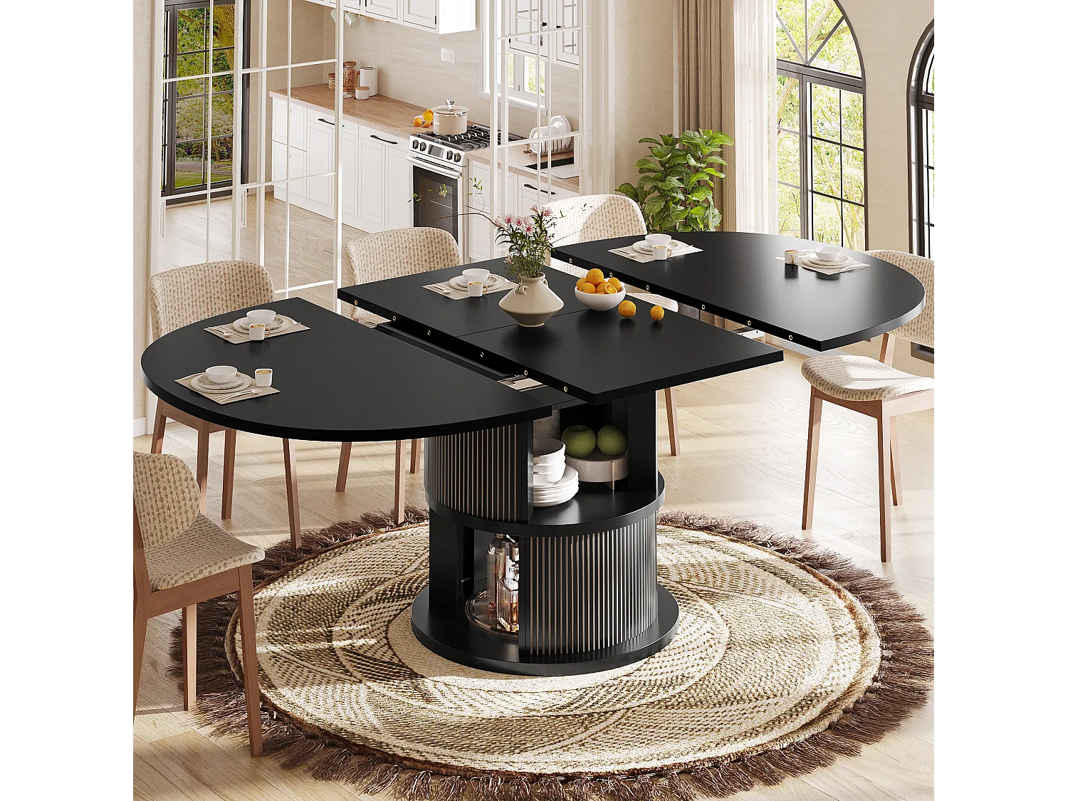 Mesa de Jantar Oval Extensível 118-158cm - Mesa de Refeição Multifuncional com Base Cilíndrica, Estilo Contemporâneo - Preto