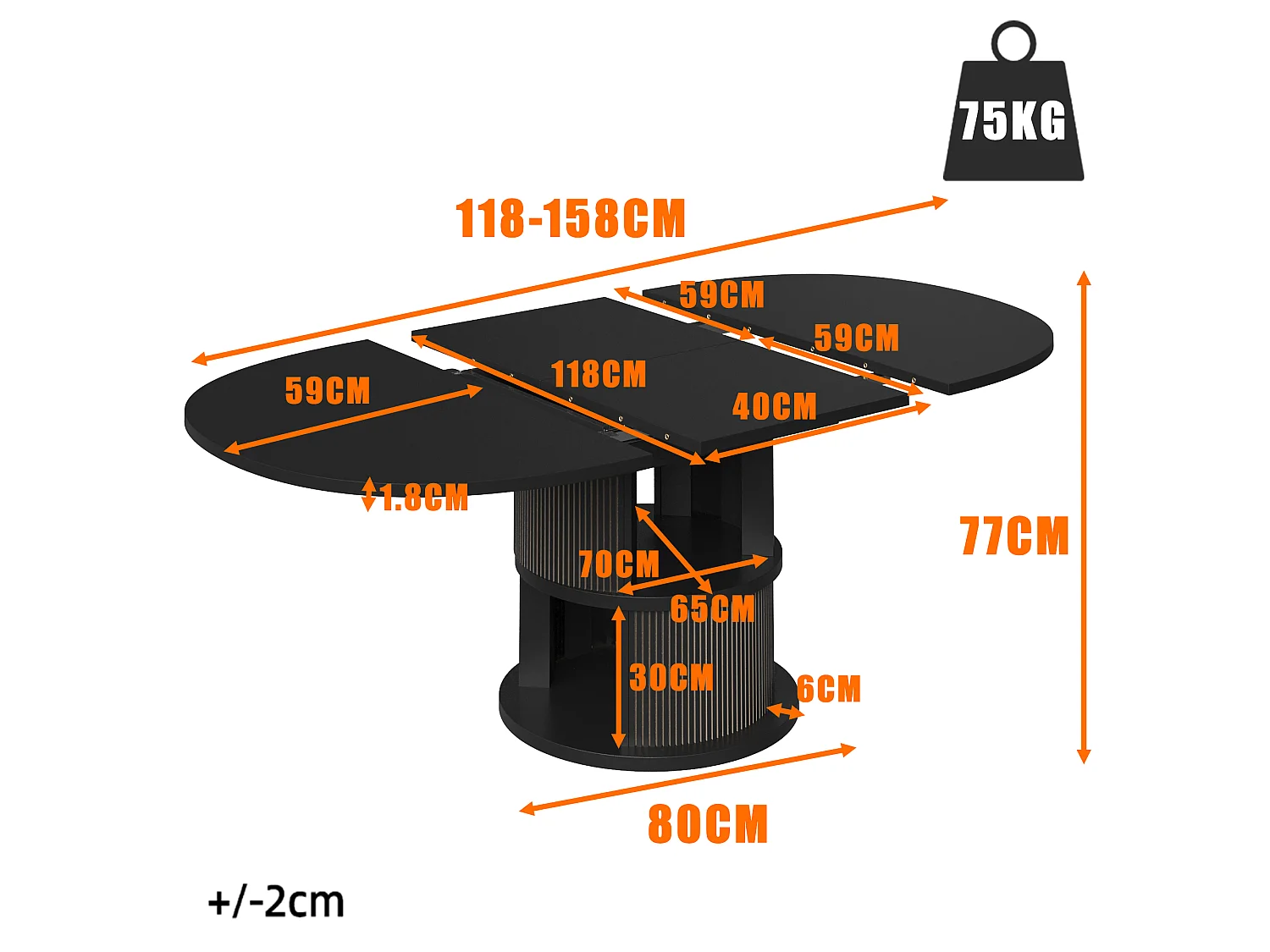 Mesa de Jantar Oval Extensível 118-158cm - Mesa de Refeição Multifuncional com Base Cilíndrica, Estilo Contemporâneo - Preto