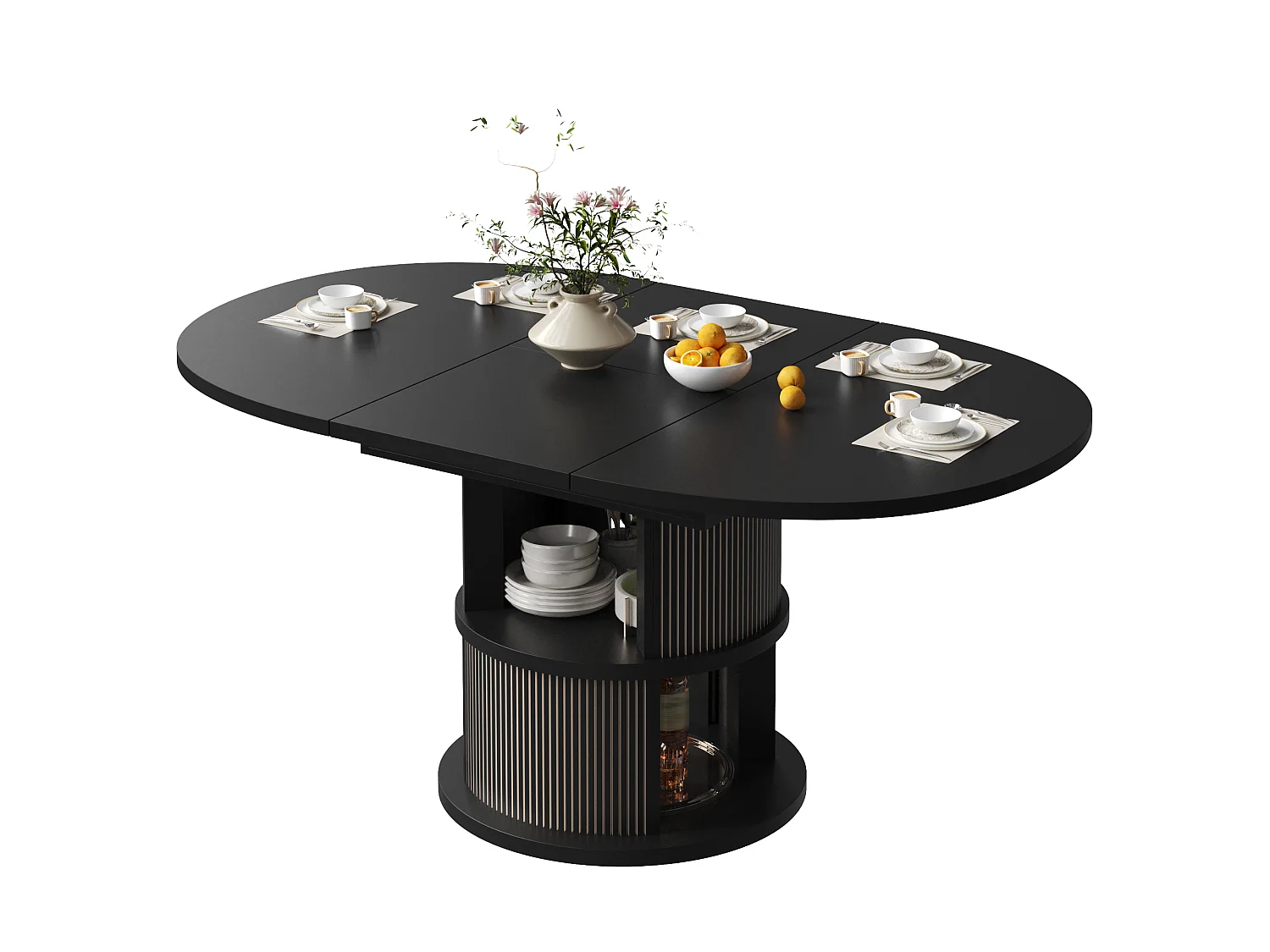 Mesa de Jantar Oval Extensível 118-158cm - Mesa de Refeição Multifuncional com Base Cilíndrica, Estilo Contemporâneo - Preto