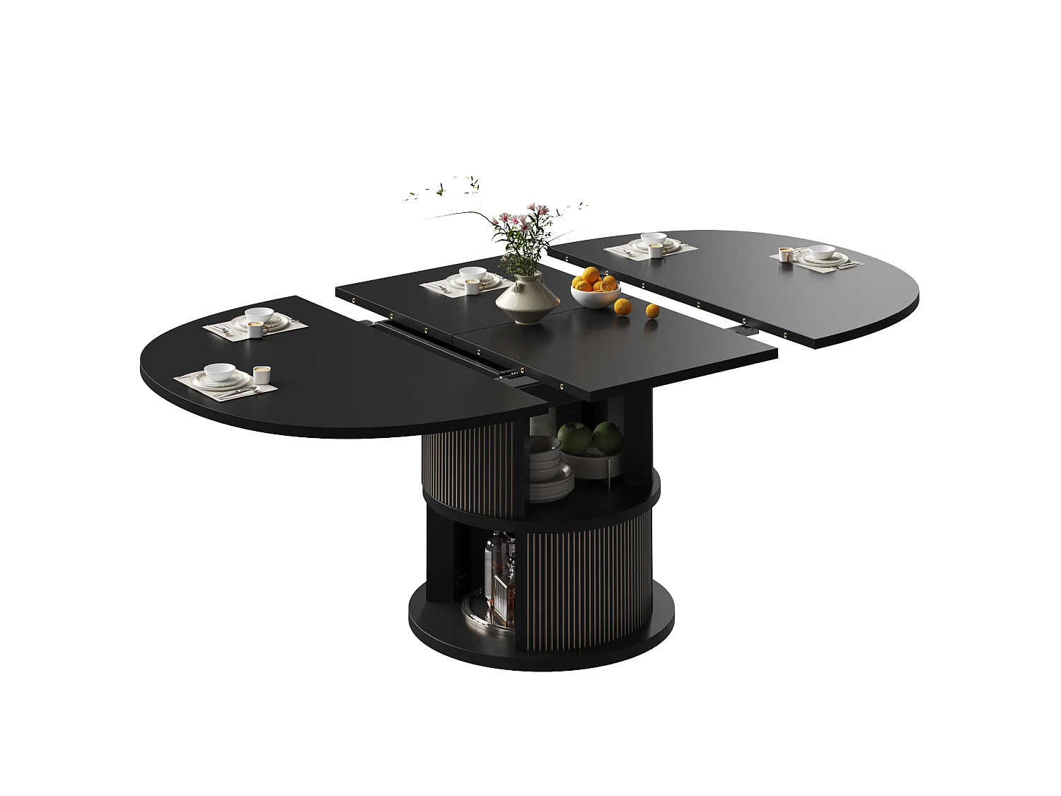 Mesa de Jantar Oval Extensível 118-158cm - Mesa de Refeição Multifuncional com Base Cilíndrica, Estilo Contemporâneo - Preto