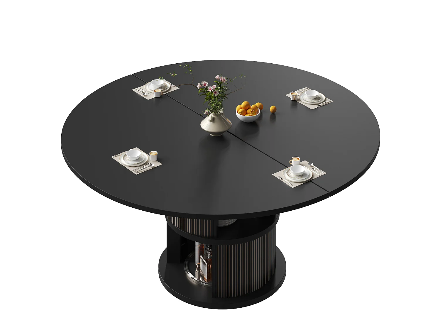 Mesa de Jantar Oval Extensível 118-158cm - Mesa de Refeição Multifuncional com Base Cilíndrica, Estilo Contemporâneo - Preto
