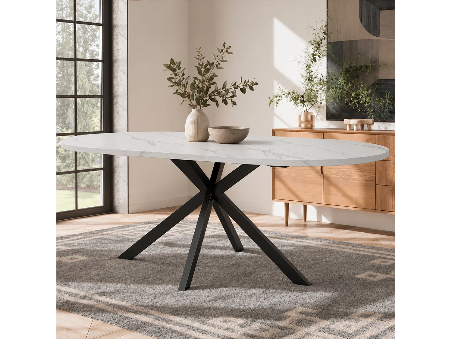 Table à manger extensible 160/120 x 80 cm - Capacité 4 à 6 personnes - Plateau rond/ovale - Pieds en métal - MDF - Blanc