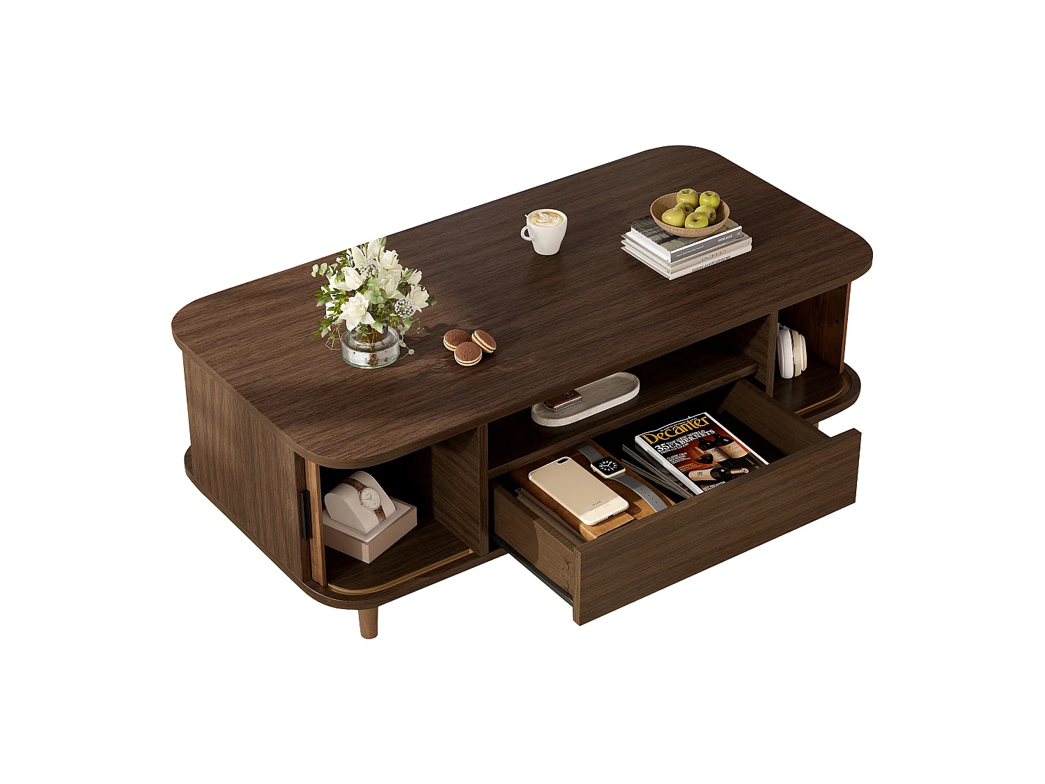 Stolik kawowy 100x50x35 cm - 1 szuflada, 2 drzwi z żaluzjami i 1 otwarta przegroda - Nogi z litego drewna - MDF - Brązowy