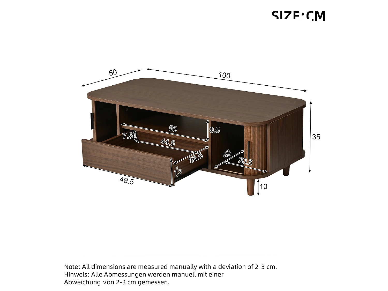 Stolik kawowy 100x50x35 cm - 1 szuflada, 2 drzwi z żaluzjami i 1 otwarta przegroda - Nogi z litego drewna - MDF - Brązowy