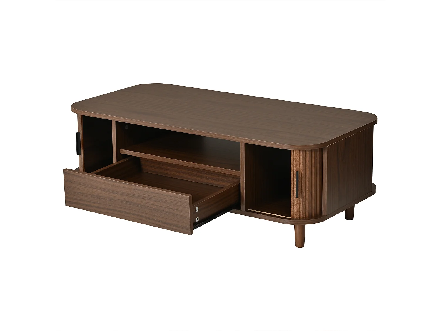 Stolik kawowy 100x50x35 cm - 1 szuflada, 2 drzwi z żaluzjami i 1 otwarta przegroda - Nogi z litego drewna - MDF - Brązowy
