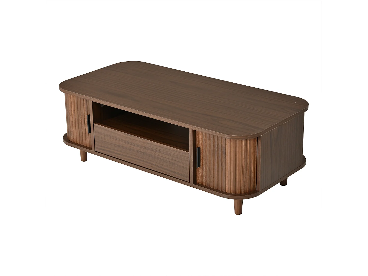 Stolik kawowy 100x50x35 cm - 1 szuflada, 2 drzwi z żaluzjami i 1 otwarta przegroda - Nogi z litego drewna - MDF - Brązowy