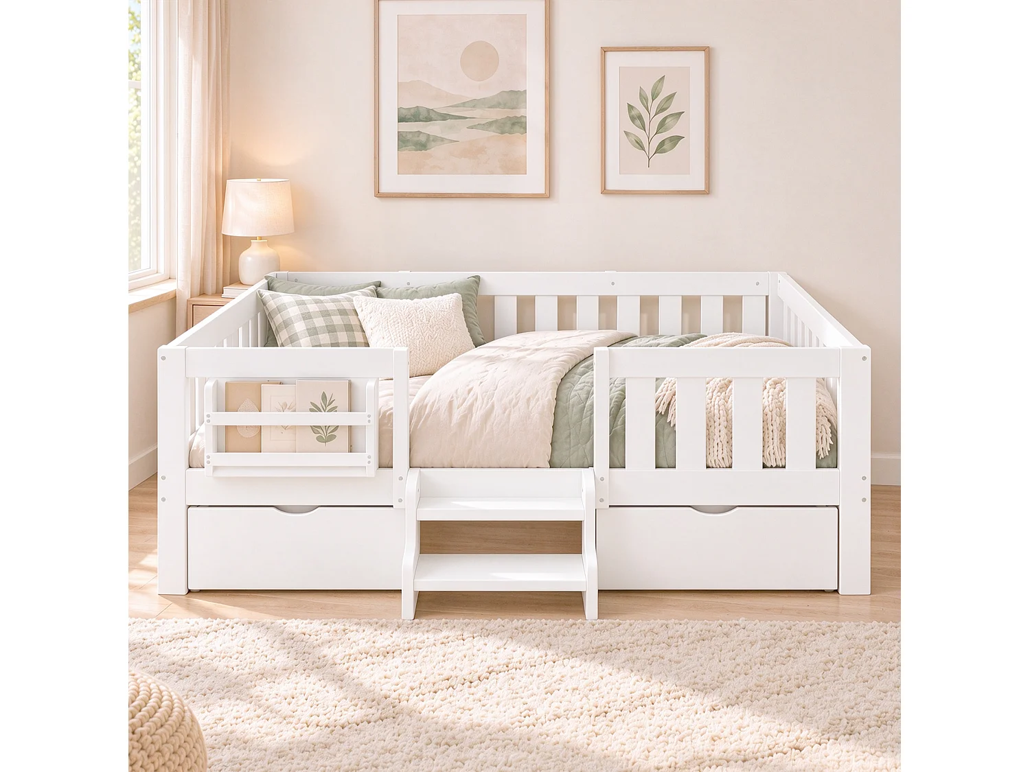 Lit enfant 140x200 cm – Avec barrières de sécurité – Avec 2 tiroirs – Avec marches d'accès – Blanc (matelas non inclus)