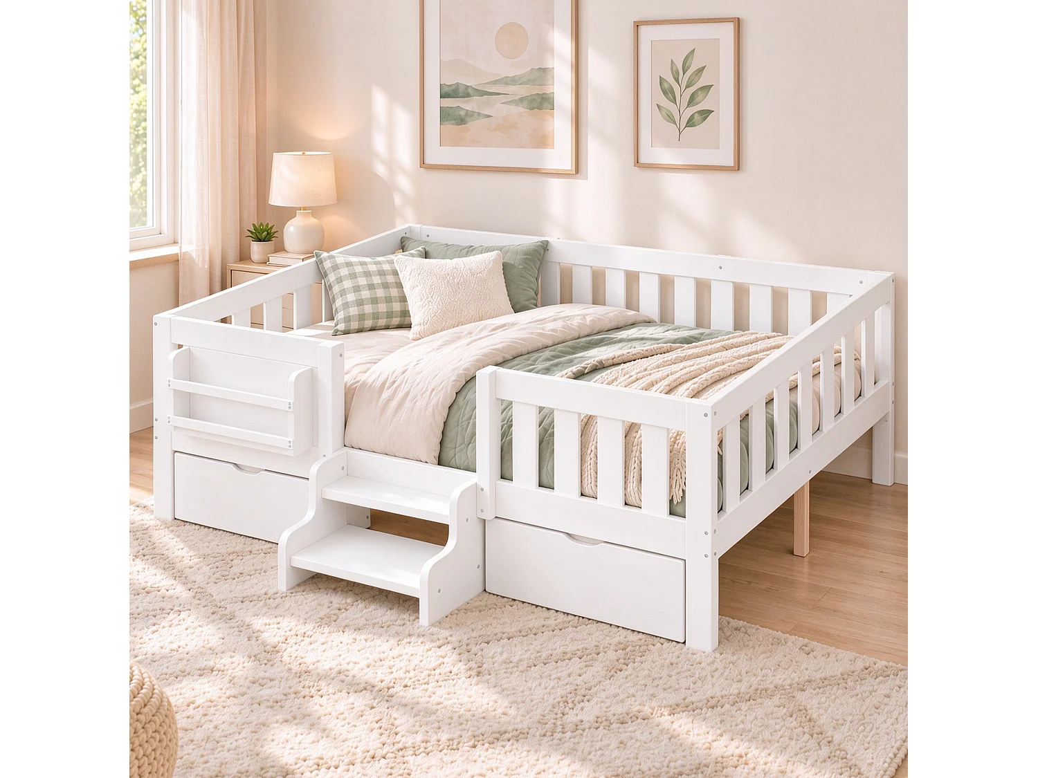 Lit enfant 140x200 cm – Avec barrières de sécurité – Avec 2 tiroirs – Avec marches d'accès – Blanc (matelas non inclus)