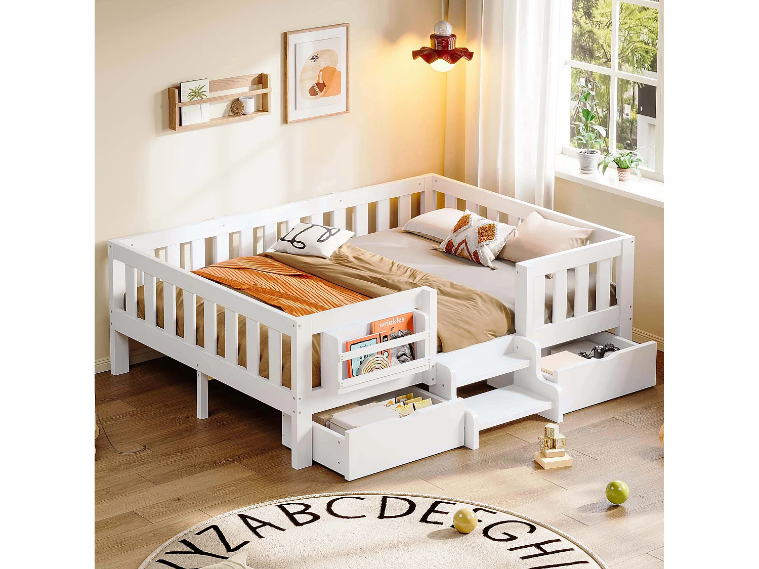 Lit enfant 140x200 cm – Avec barrières de sécurité – Avec 2 tiroirs – Avec marches d'accès – Blanc (matelas non inclus)