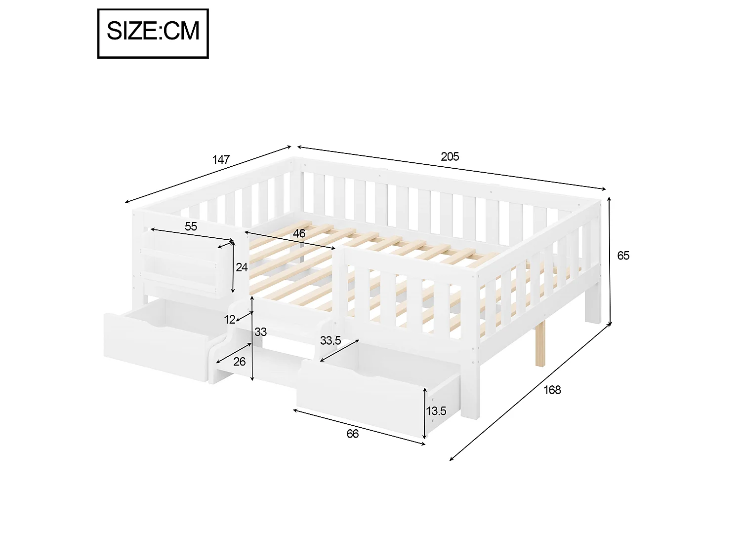 Lit enfant 140x200 cm – Avec barrières de sécurité – Avec 2 tiroirs – Avec marches d'accès – Blanc (matelas non inclus)