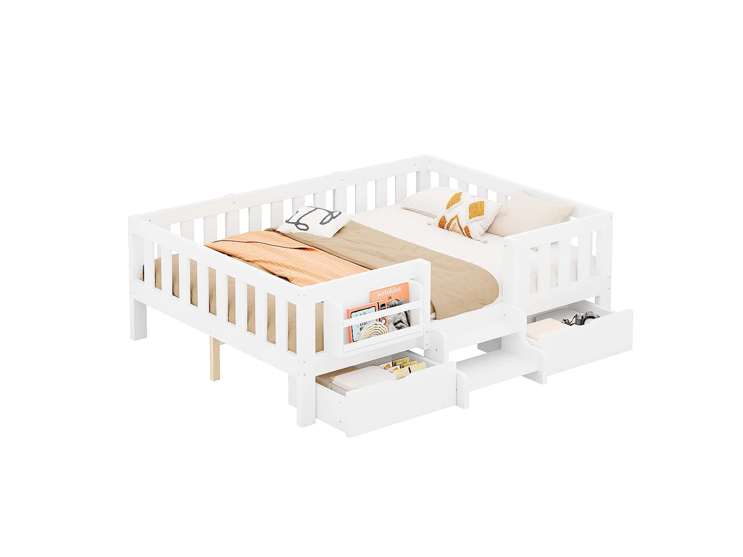 Lit enfant 140x200 cm – Avec barrières de sécurité – Avec 2 tiroirs – Avec marches d'accès – Blanc (matelas non inclus)