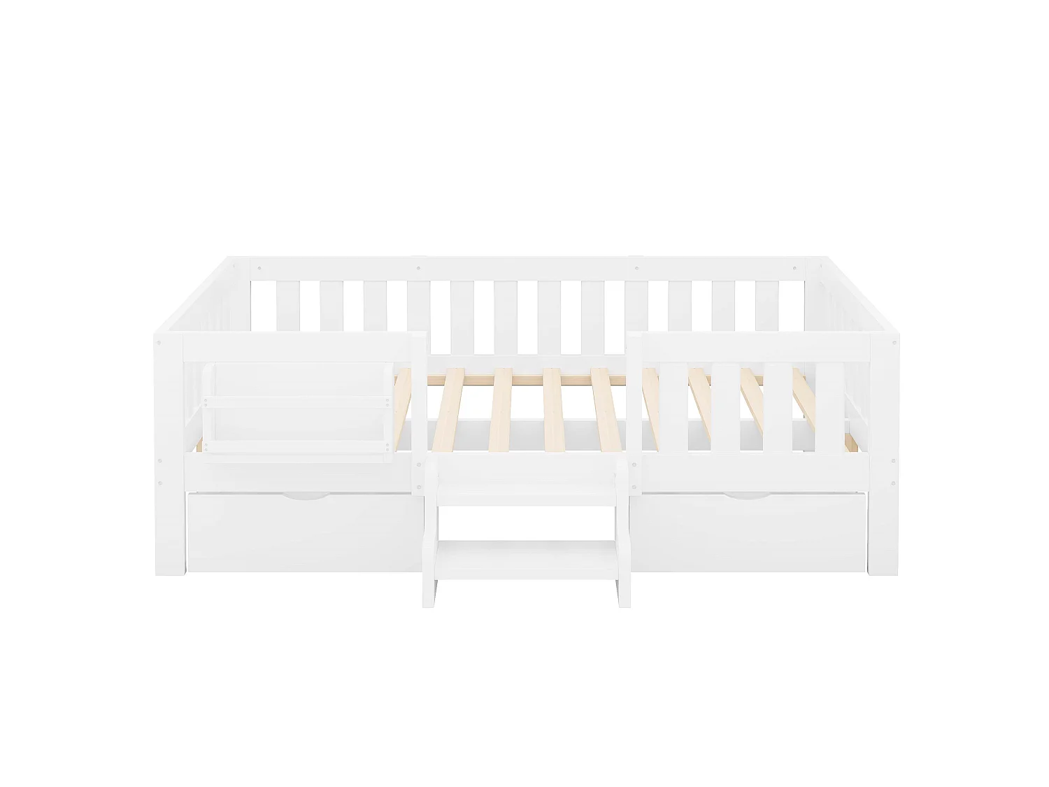 Lit enfant 140x200 cm – Avec barrières de sécurité – Avec 2 tiroirs – Avec marches d'accès – Blanc (matelas non inclus)