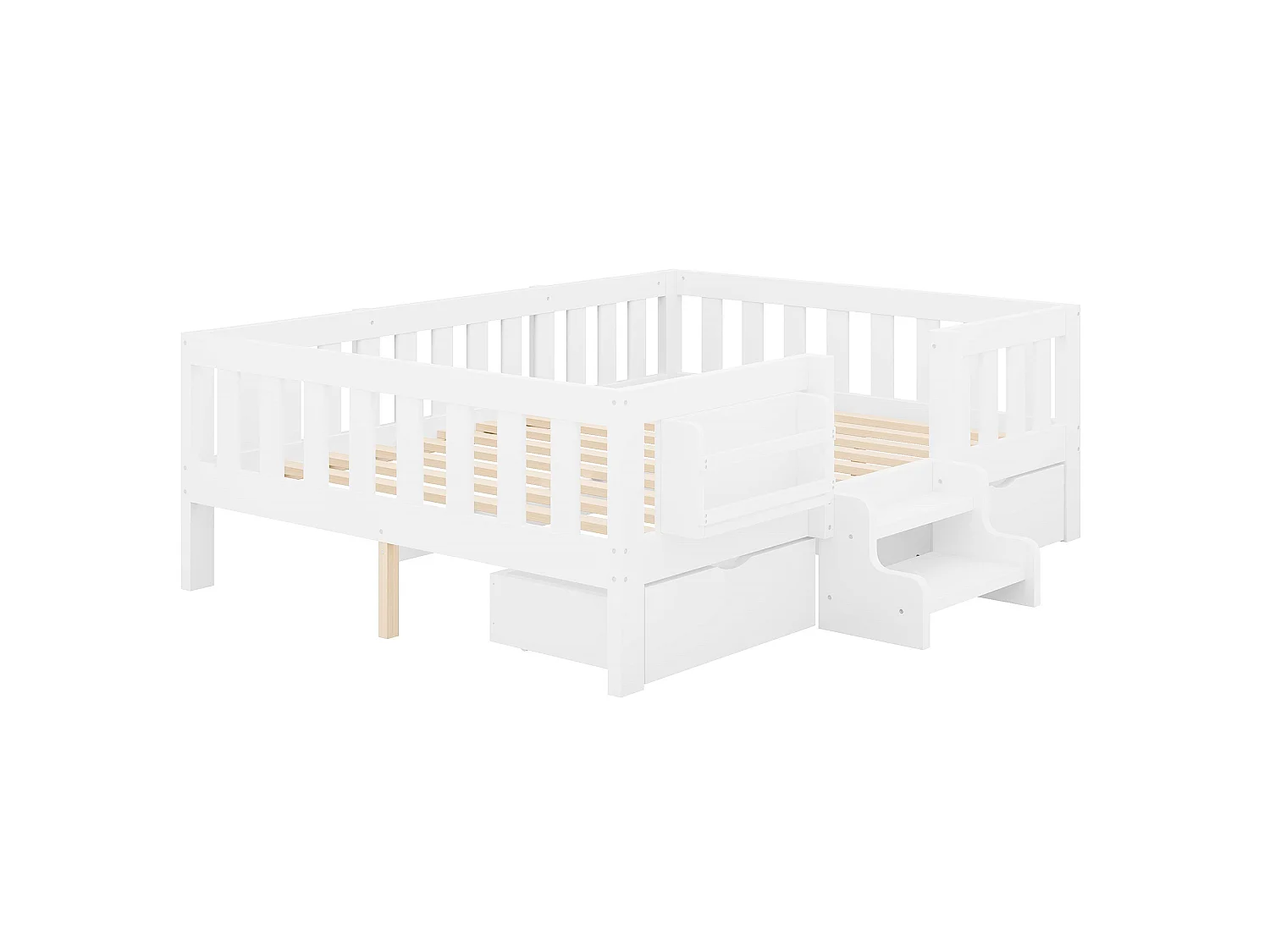 Lit enfant 140x200 cm – Avec barrières de sécurité – Avec 2 tiroirs – Avec marches d'accès – Blanc (matelas non inclus)