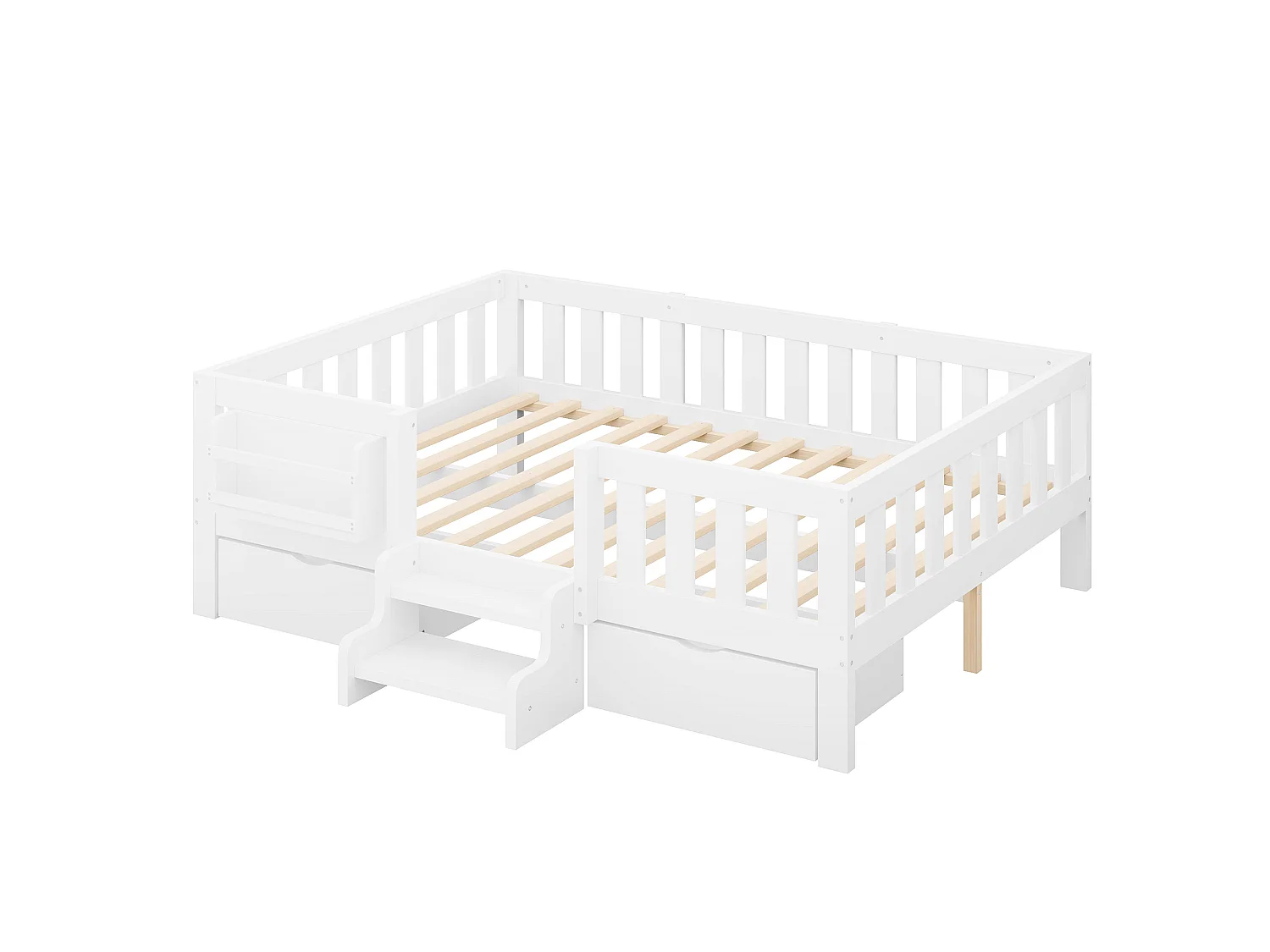 Lit enfant 140x200 cm – Avec barrières de sécurité – Avec 2 tiroirs – Avec marches d'accès – Blanc (matelas non inclus)