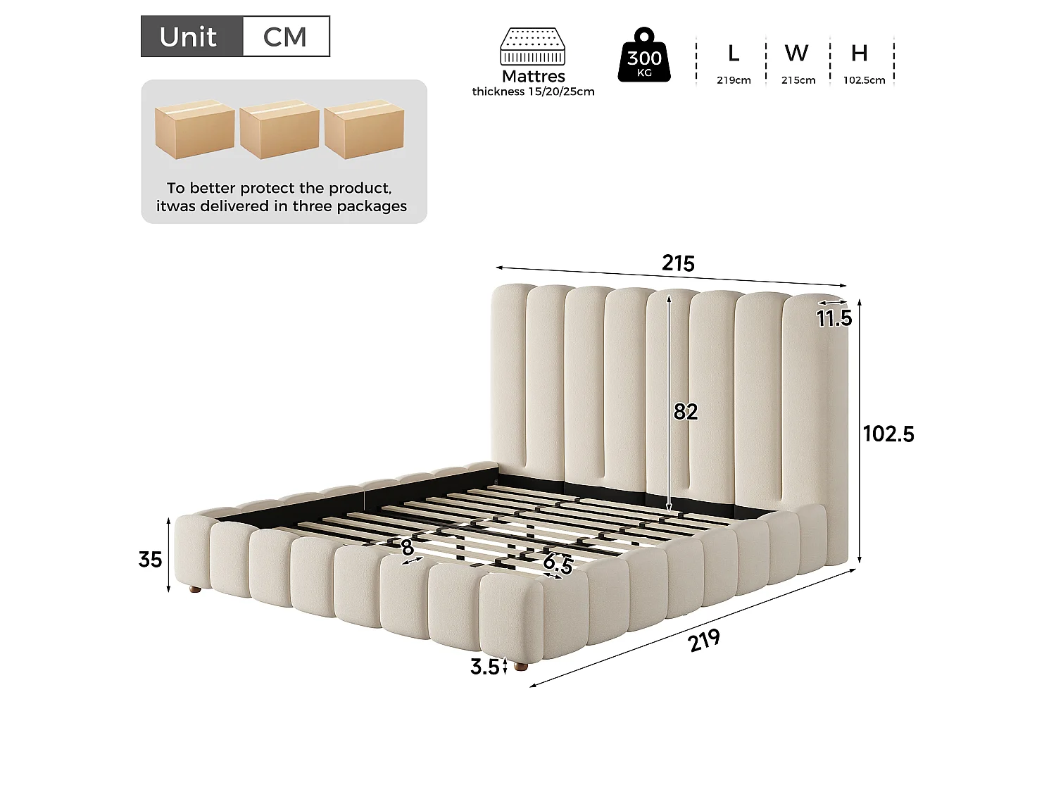 Bed met gewatteerd hoofdbord 200 x 200 cm - Gewatteerd hoofdbord en lattenbodem - Massief houten poten - Fluweel - Beige (zonder matras)