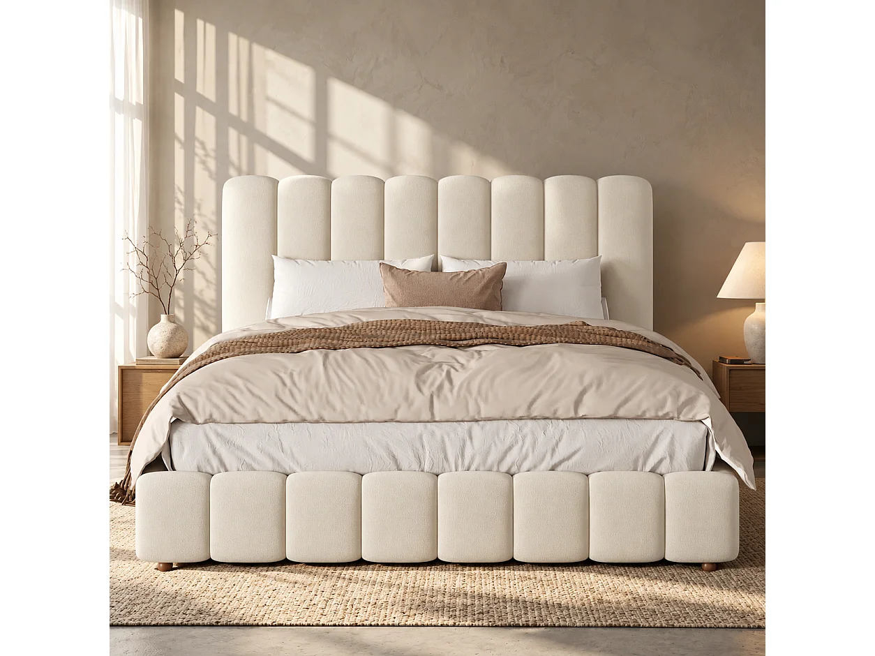 Bed met gewatteerd hoofdbord 200 x 200 cm - Gewatteerd hoofdbord en lattenbodem - Massief houten poten - Fluweel - Beige (zonder matras)