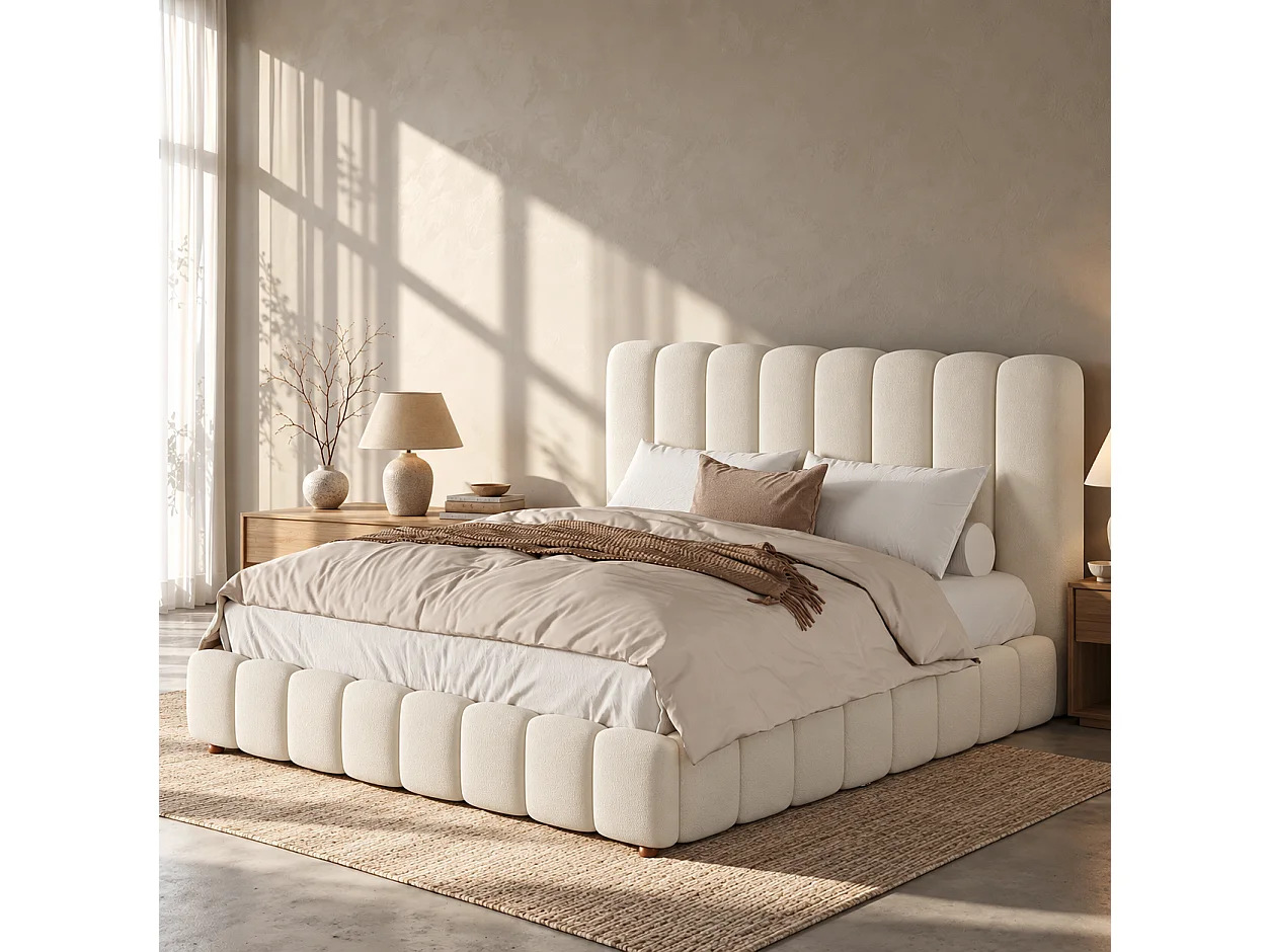 Bed met gewatteerd hoofdbord 200 x 200 cm - Gewatteerd hoofdbord en lattenbodem - Massief houten poten - Fluweel - Beige (zonder matras)