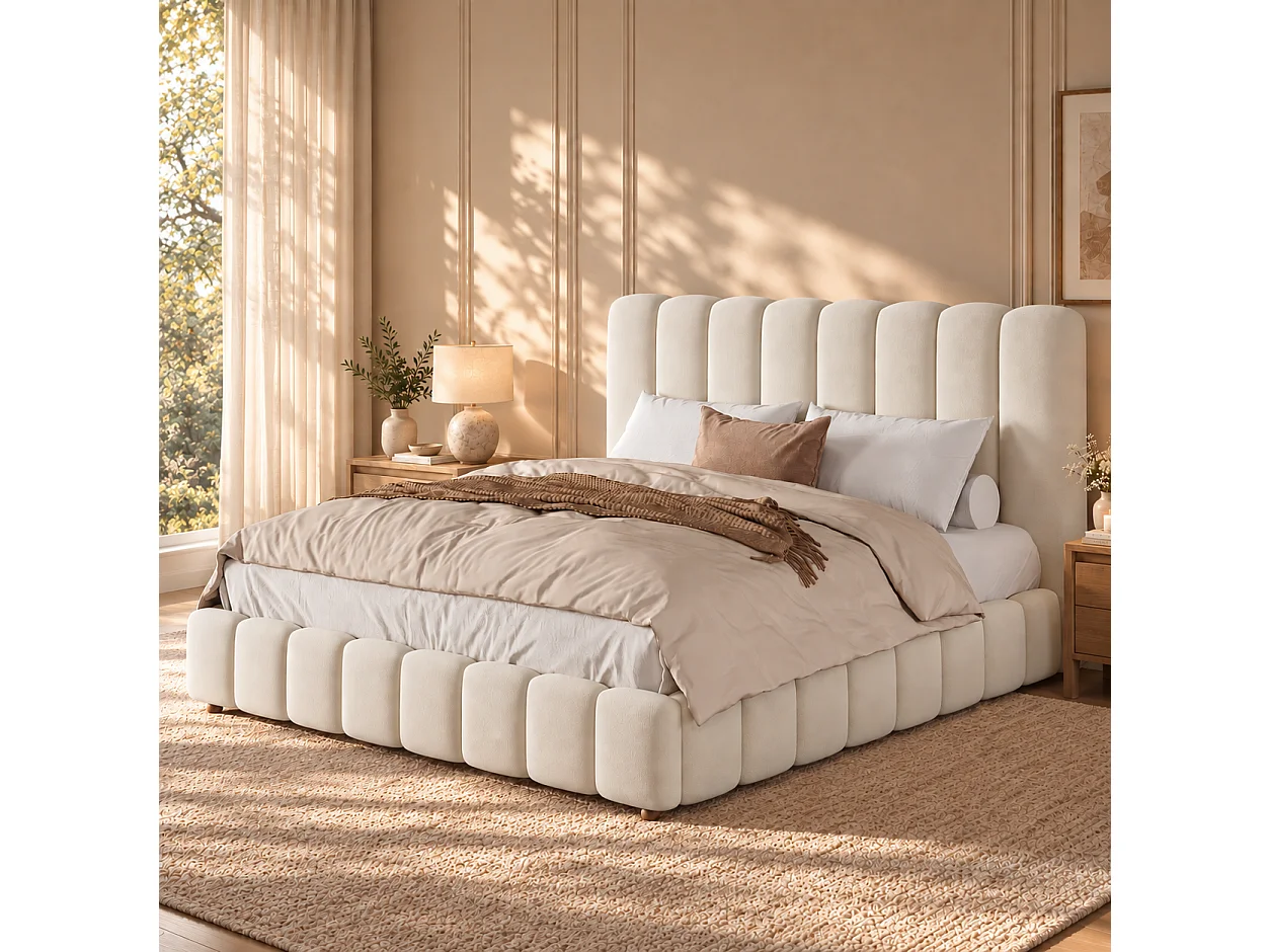 Bed met gewatteerd hoofdbord 200 x 200 cm - Gewatteerd hoofdbord en lattenbodem - Massief houten poten - Fluweel - Beige (zonder matras)
