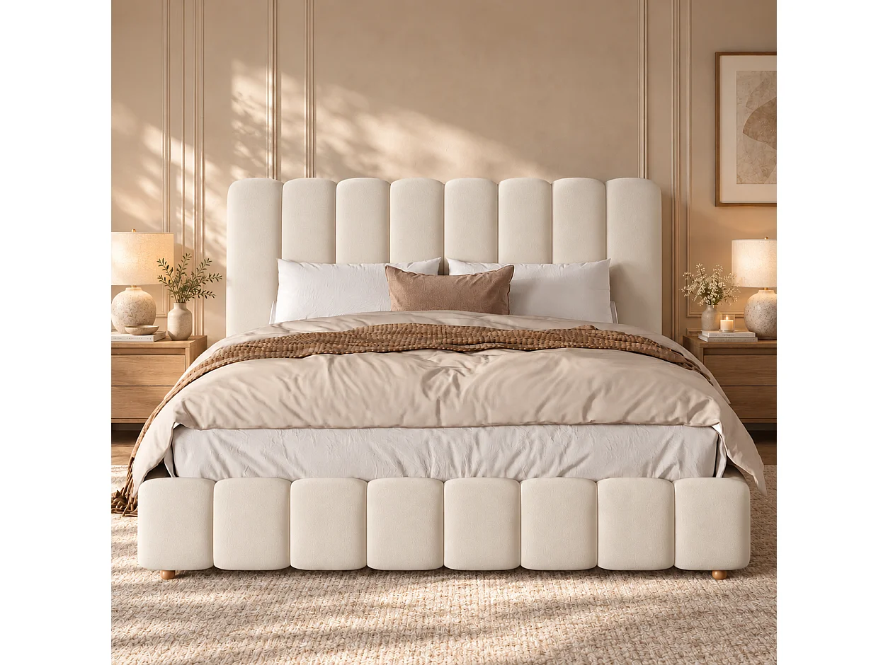 Bed met gewatteerd hoofdbord 200 x 200 cm - Gewatteerd hoofdbord en lattenbodem - Massief houten poten - Fluweel - Beige (zonder matras)
