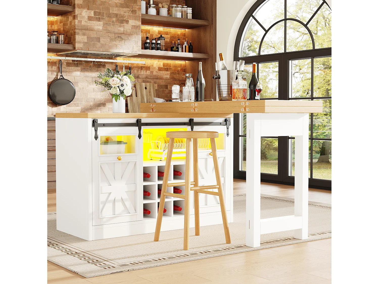 Kücheninsel 120-197cm - Küchenmöbel mit um 360° schwenkbarem ausziehbarem Tisch und RGB-LED-Beleuchtung - Weiß
