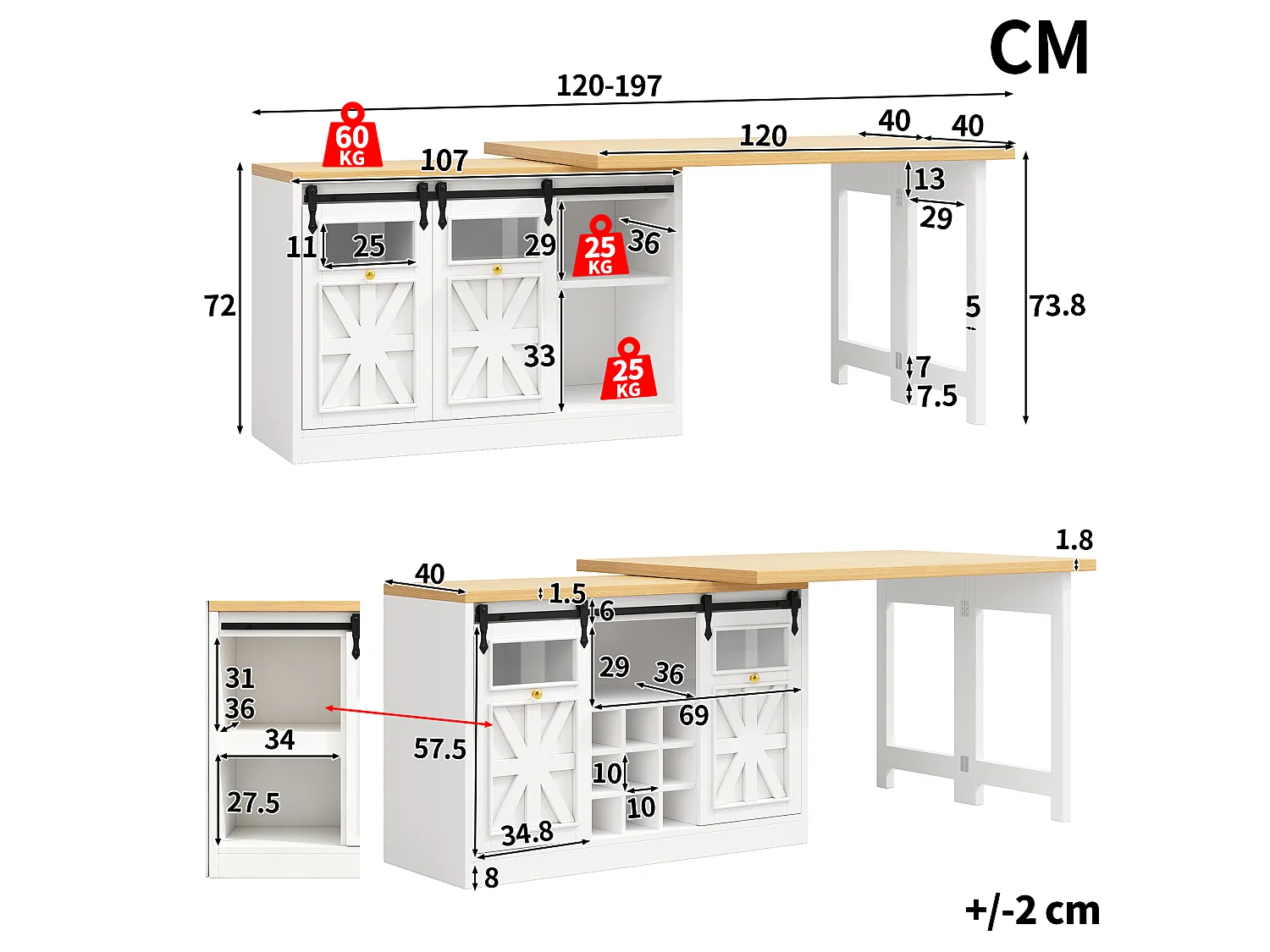 Kücheninsel 120-197cm - Küchenmöbel mit um 360° schwenkbarem ausziehbarem Tisch und RGB-LED-Beleuchtung - Weiß