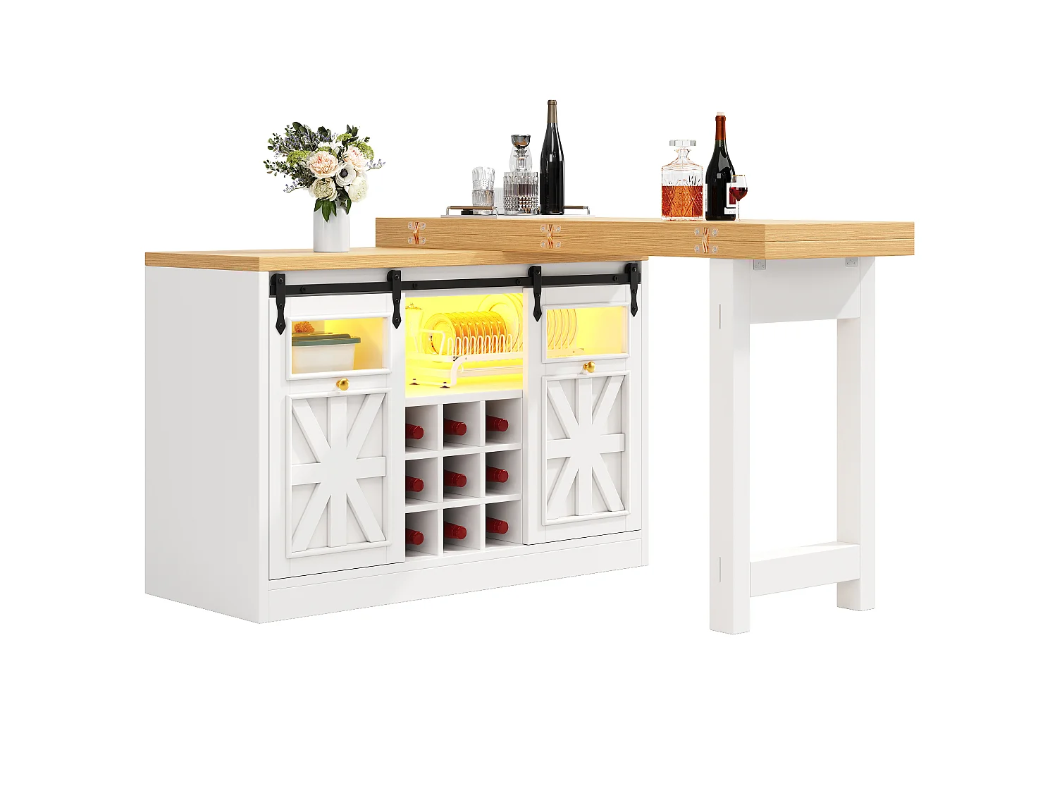Kücheninsel 120-197cm - Küchenmöbel mit um 360° schwenkbarem ausziehbarem Tisch und RGB-LED-Beleuchtung - Weiß