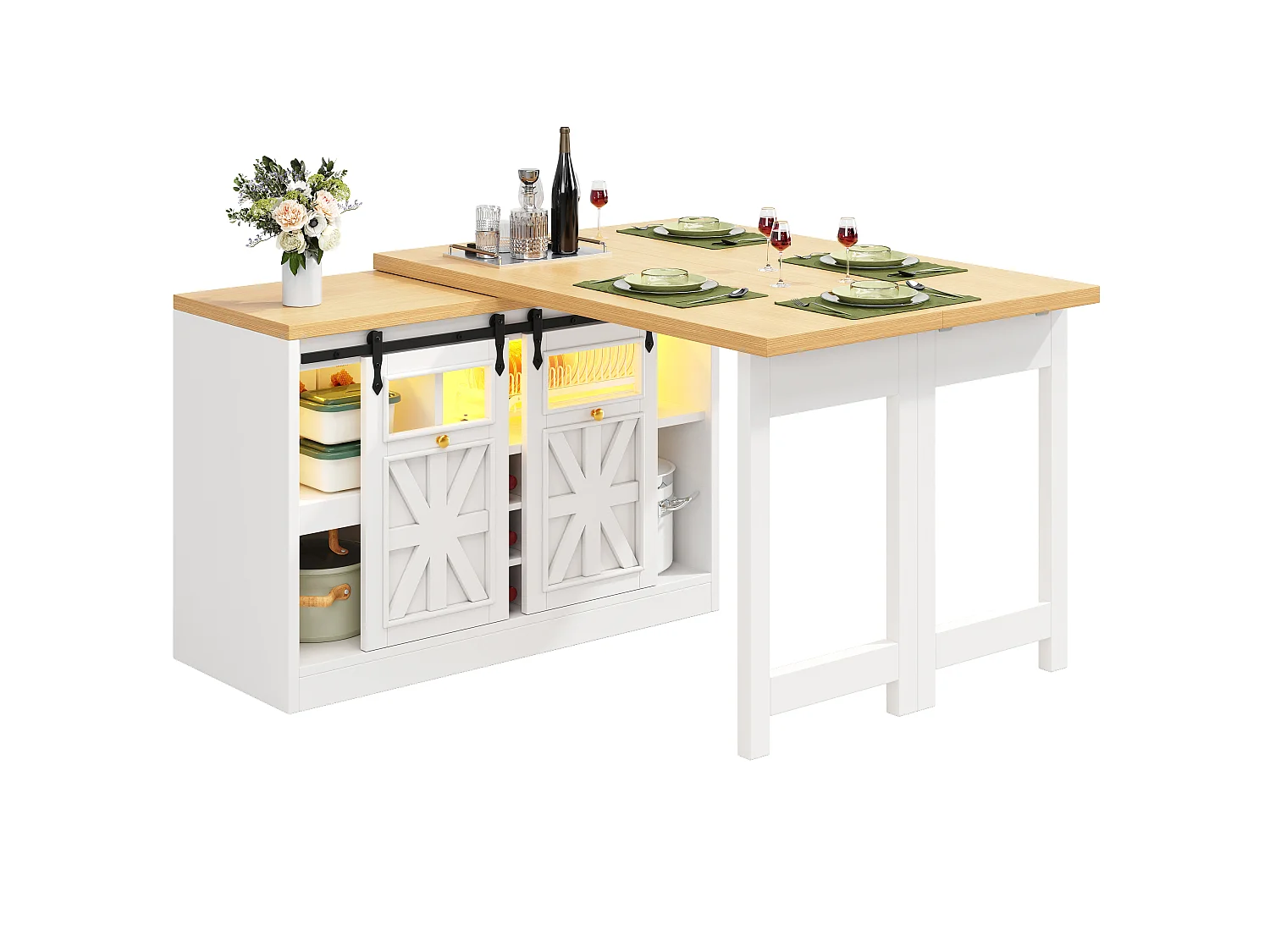 Kücheninsel 120-197cm - Küchenmöbel mit um 360° schwenkbarem ausziehbarem Tisch und RGB-LED-Beleuchtung - Weiß