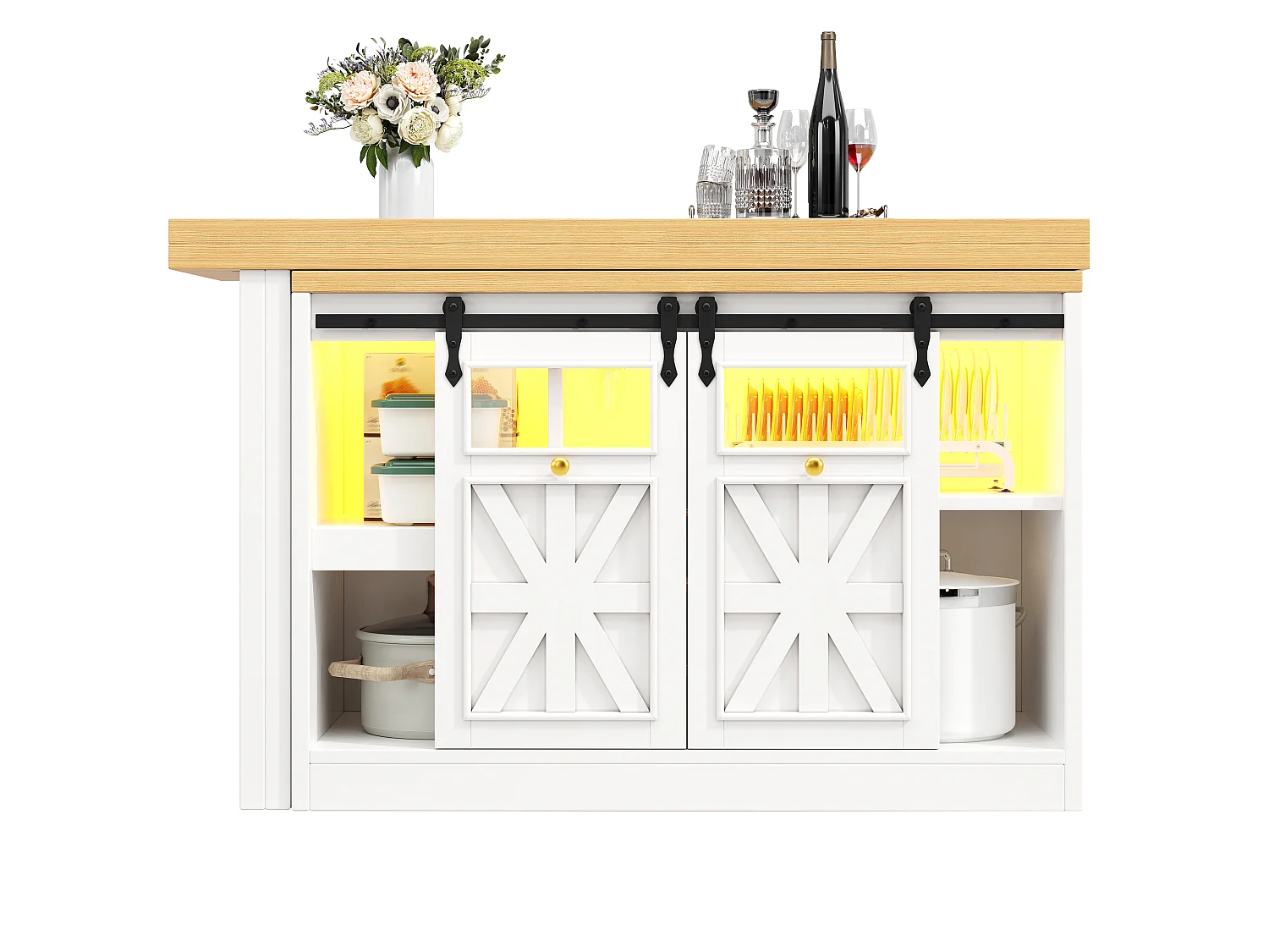Kücheninsel 120-197cm - Küchenmöbel mit um 360° schwenkbarem ausziehbarem Tisch und RGB-LED-Beleuchtung - Weiß