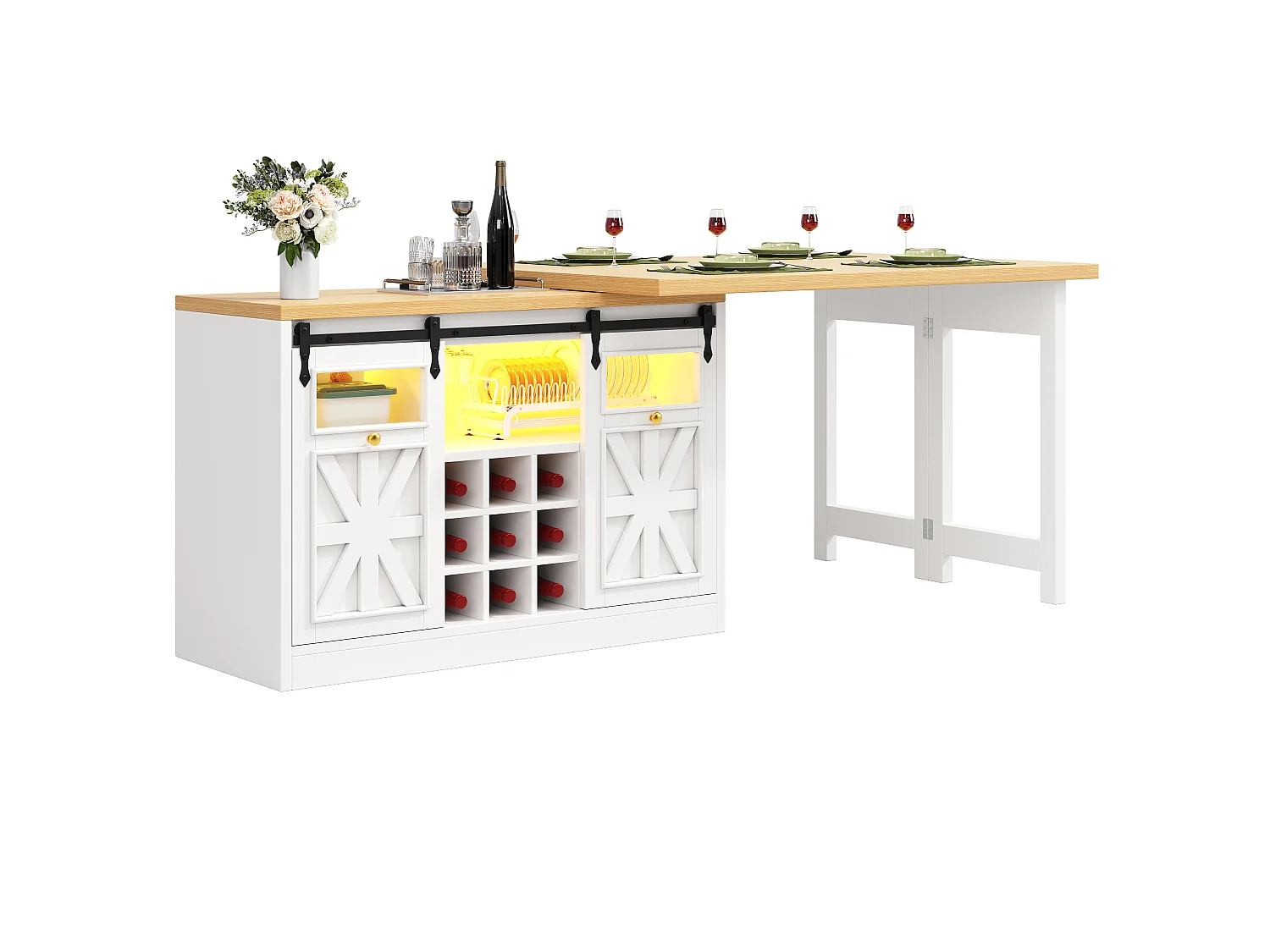 Kücheninsel 120-197cm - Küchenmöbel mit um 360° schwenkbarem ausziehbarem Tisch und RGB-LED-Beleuchtung - Weiß