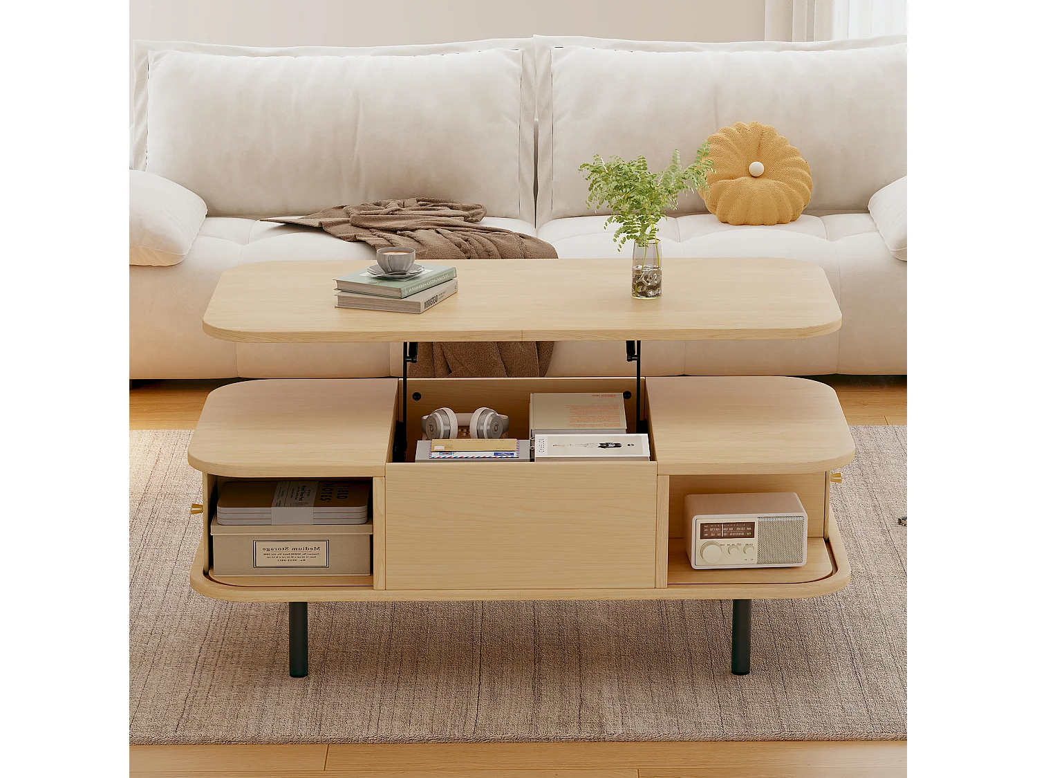 Table basse relevable 101x51x52,5 cm - 2 portes coulissantes à lamelles - Coins arrondis - Finition effet bois - MDF - Naturel