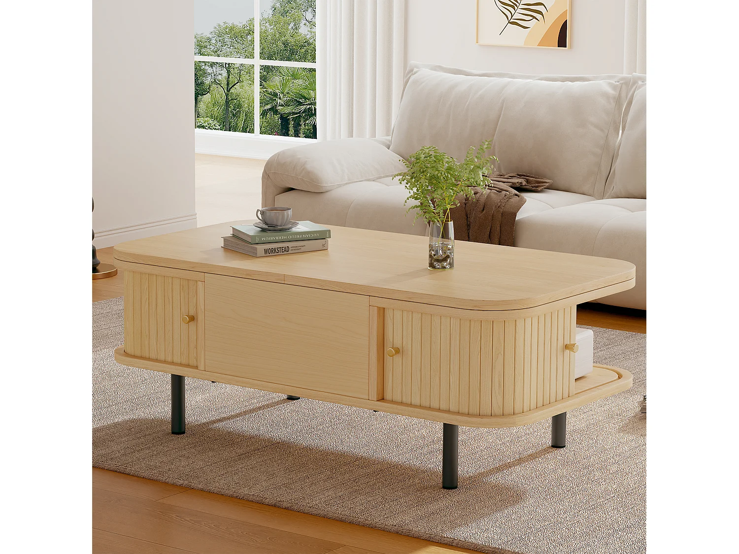 Table basse relevable 101x51x52,5 cm - 2 portes coulissantes à lamelles - Coins arrondis - Finition effet bois - MDF - Naturel
