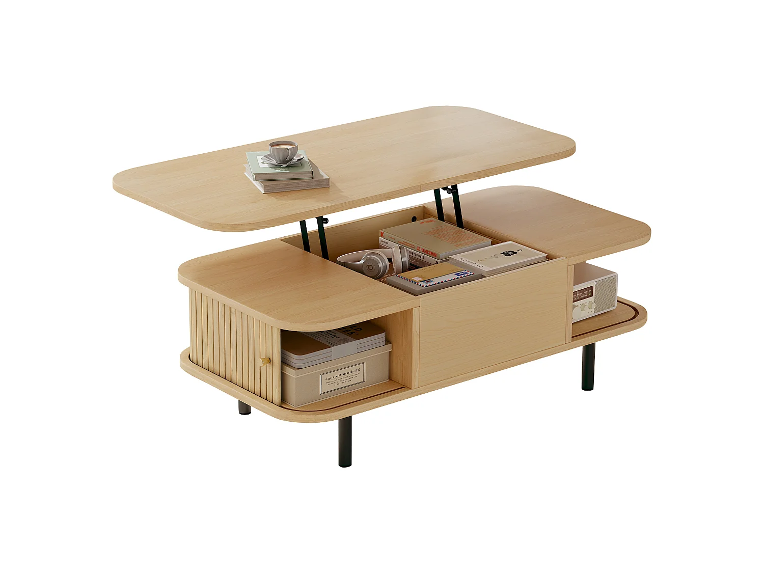 Table basse relevable 101x51x52,5 cm - 2 portes coulissantes à lamelles - Coins arrondis - Finition effet bois - MDF - Naturel