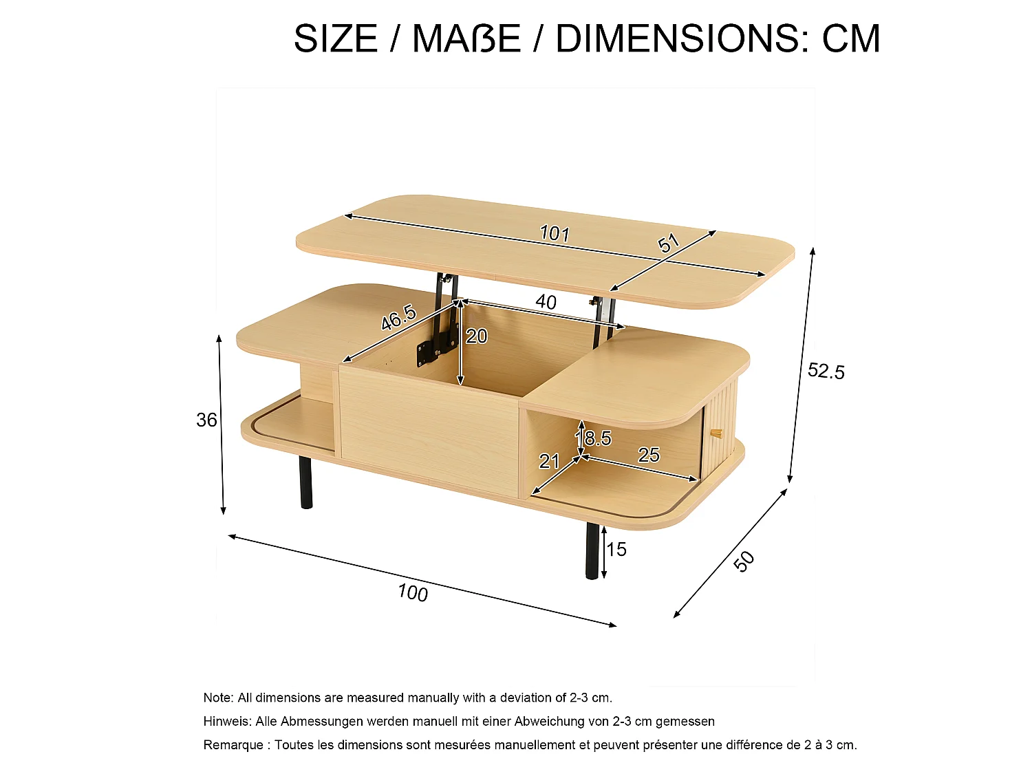 Table basse relevable 101x51x52,5 cm - 2 portes coulissantes à lamelles - Coins arrondis - Finition effet bois - MDF - Naturel