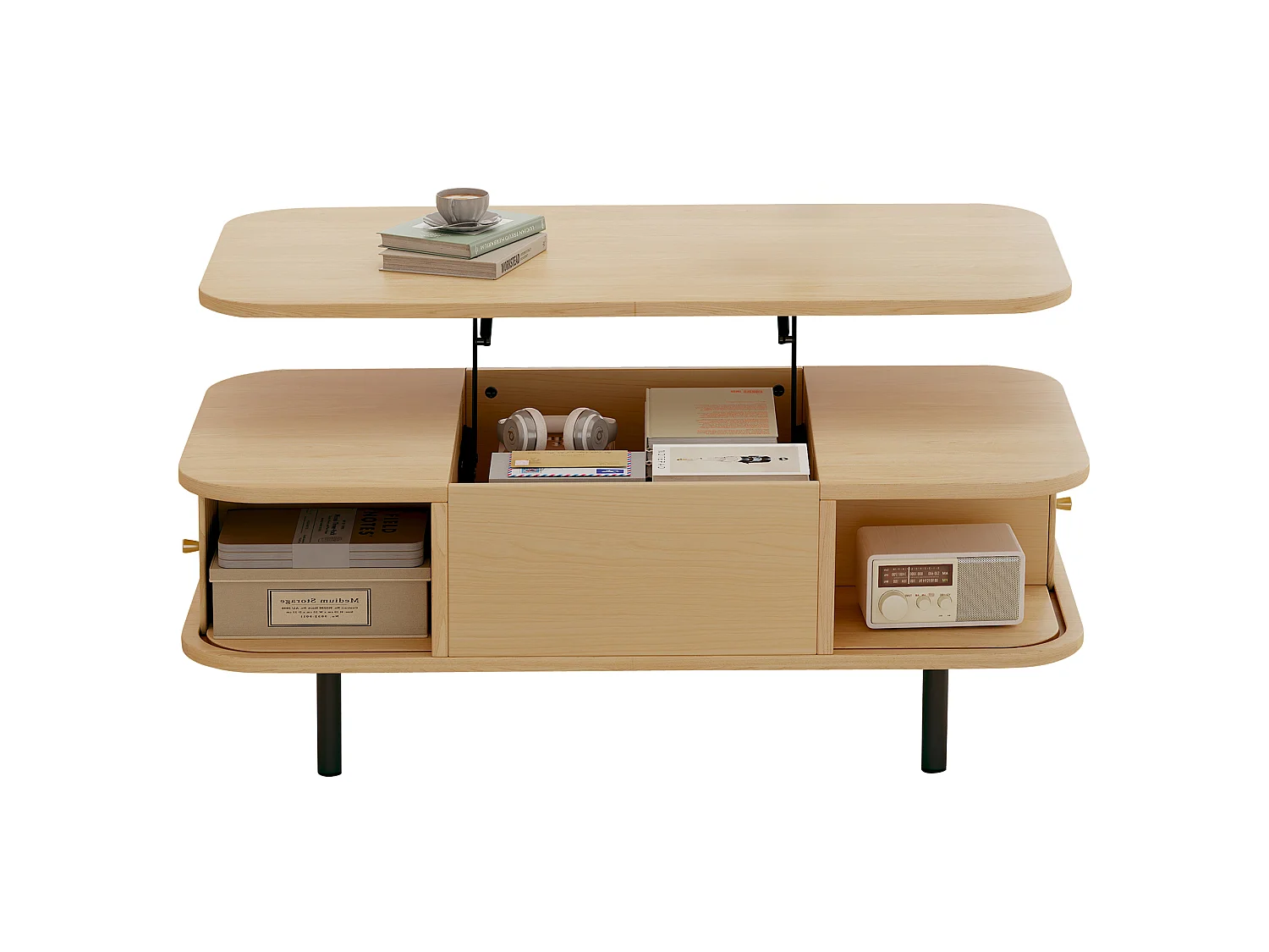 Table basse relevable 101x51x52,5 cm - 2 portes coulissantes à lamelles - Coins arrondis - Finition effet bois - MDF - Naturel