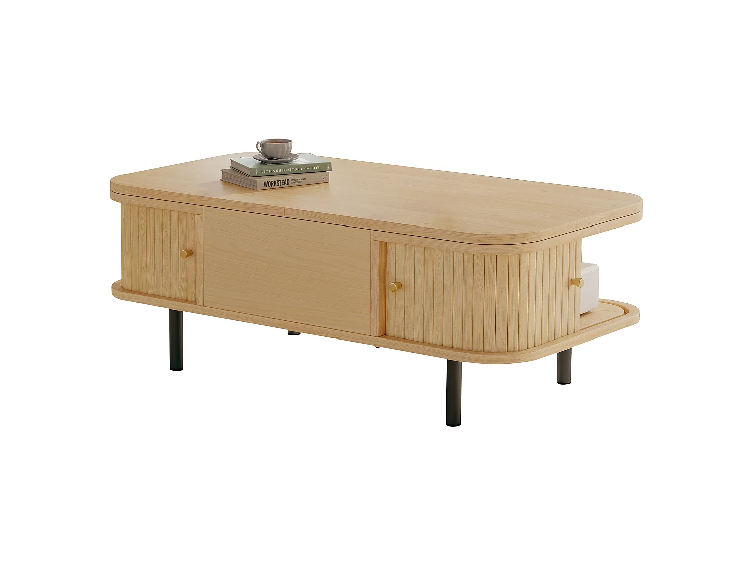 Table basse relevable 101x51x52,5 cm - 2 portes coulissantes à lamelles - Coins arrondis - Finition effet bois - MDF - Naturel