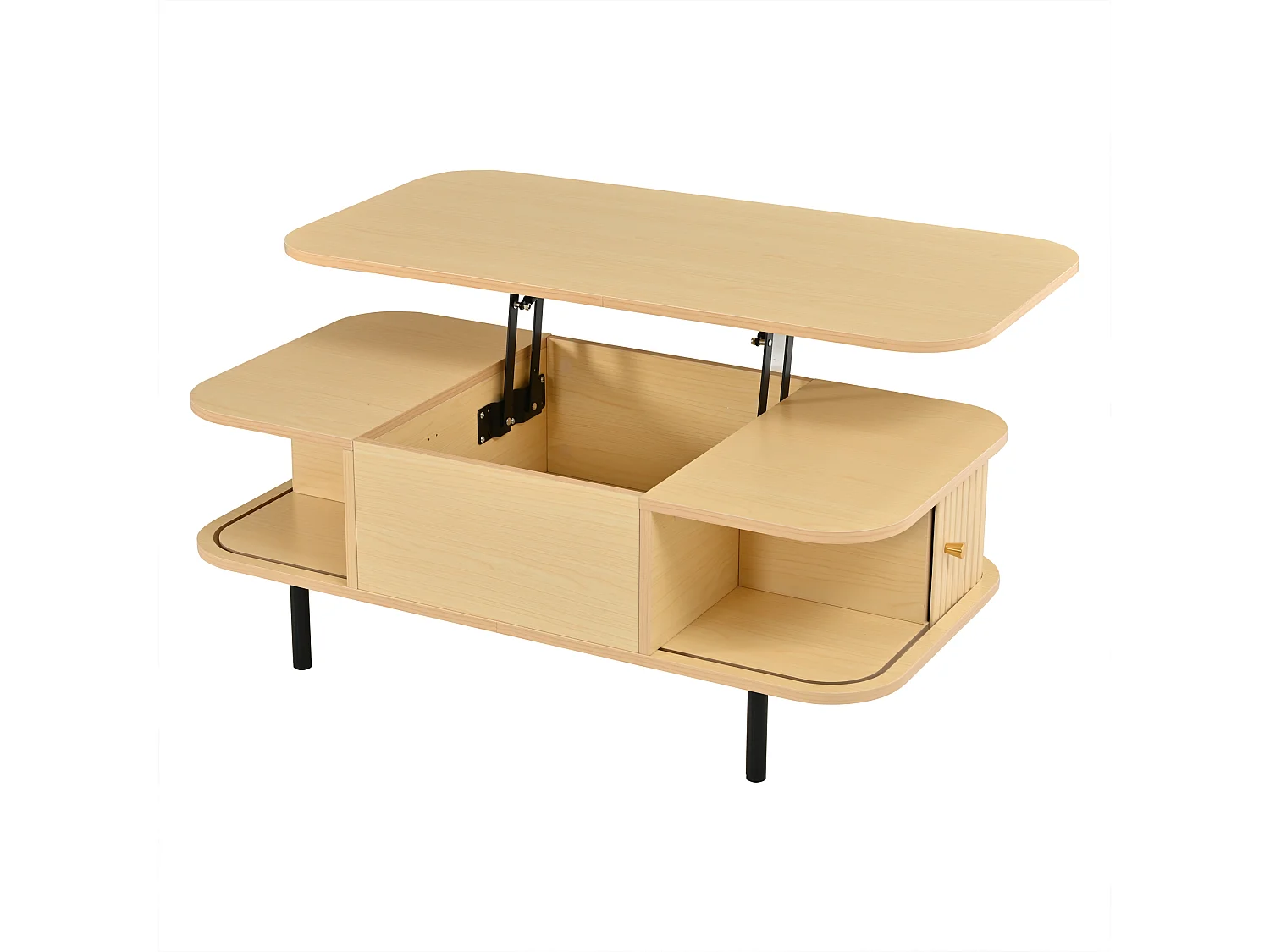 Table basse relevable 101x51x52,5 cm - 2 portes coulissantes à lamelles - Coins arrondis - Finition effet bois - MDF - Naturel