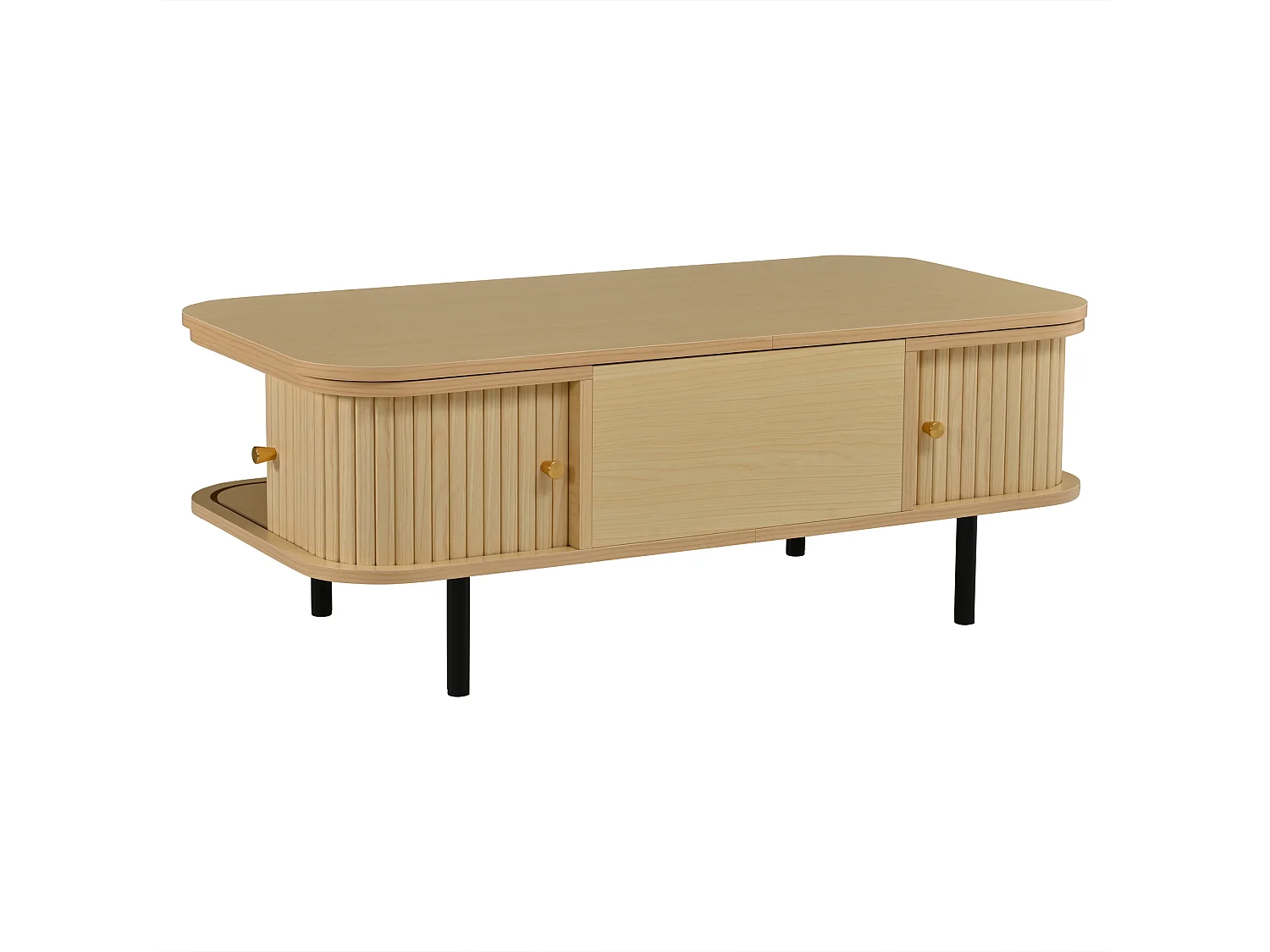 Table basse relevable 101x51x52,5 cm - 2 portes coulissantes à lamelles - Coins arrondis - Finition effet bois - MDF - Naturel