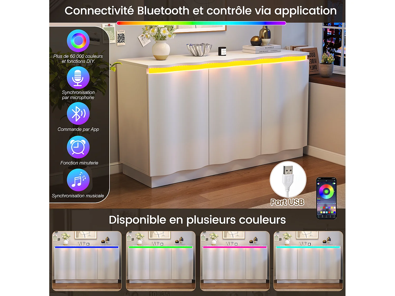 Bufet 120x35x69,5 cm - Oświetlenie LED RGB z Bluetooth - 3 drzwi i regulowane półki - Płyty wiórowe - Biały