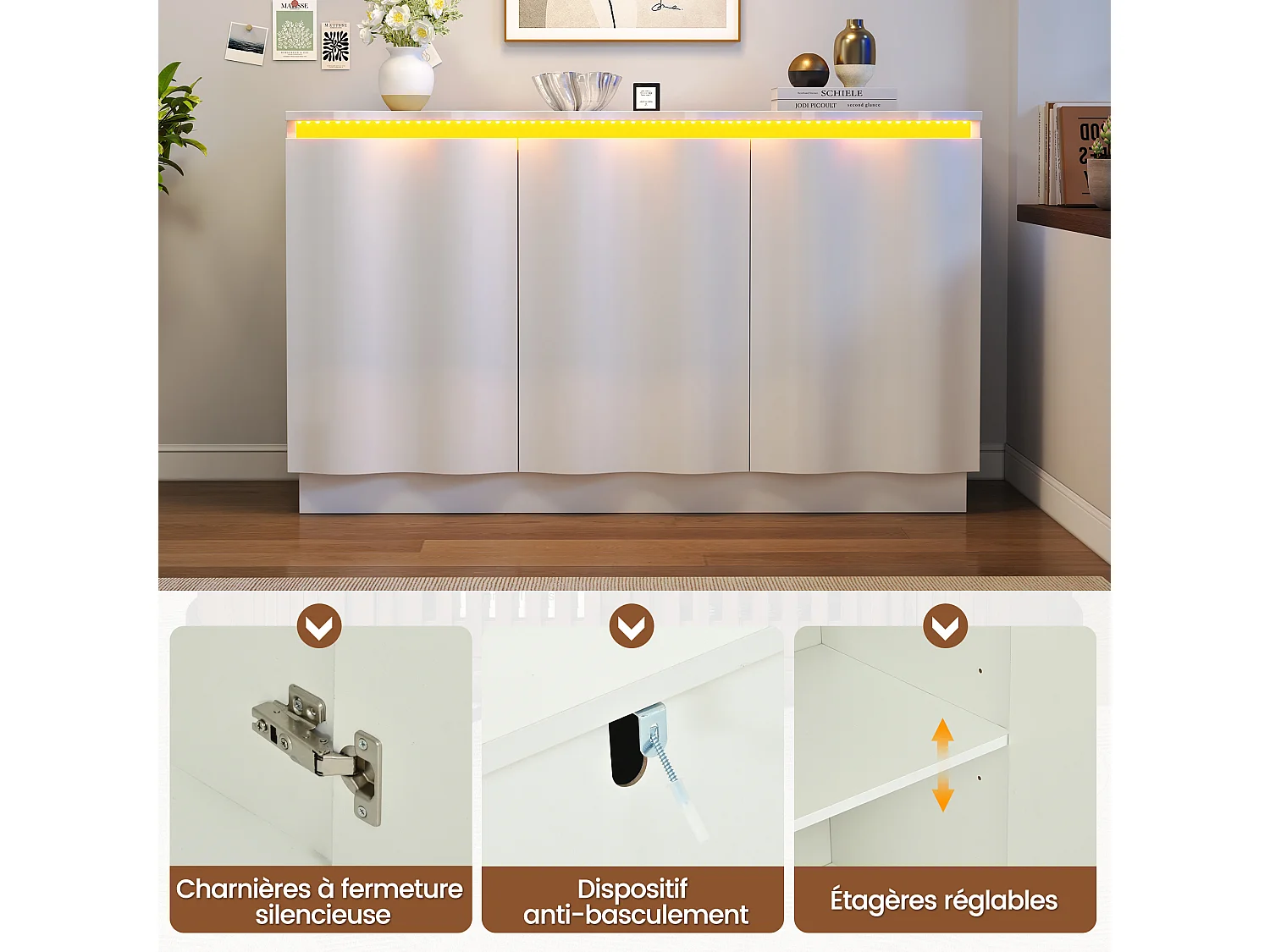 Bufet 120x35x69,5 cm - Oświetlenie LED RGB z Bluetooth - 3 drzwi i regulowane półki - Płyty wiórowe - Biały