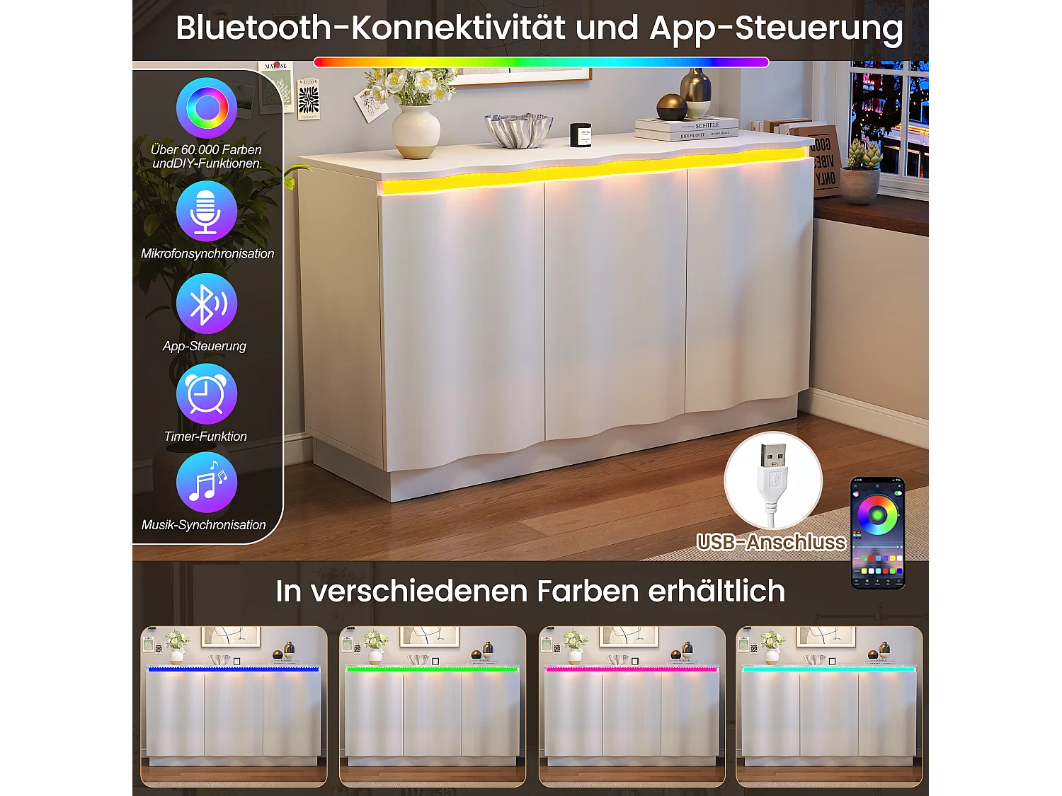 Bufet 120x35x69,5 cm - Oświetlenie LED RGB z Bluetooth - 3 drzwi i regulowane półki - Płyty wiórowe - Biały