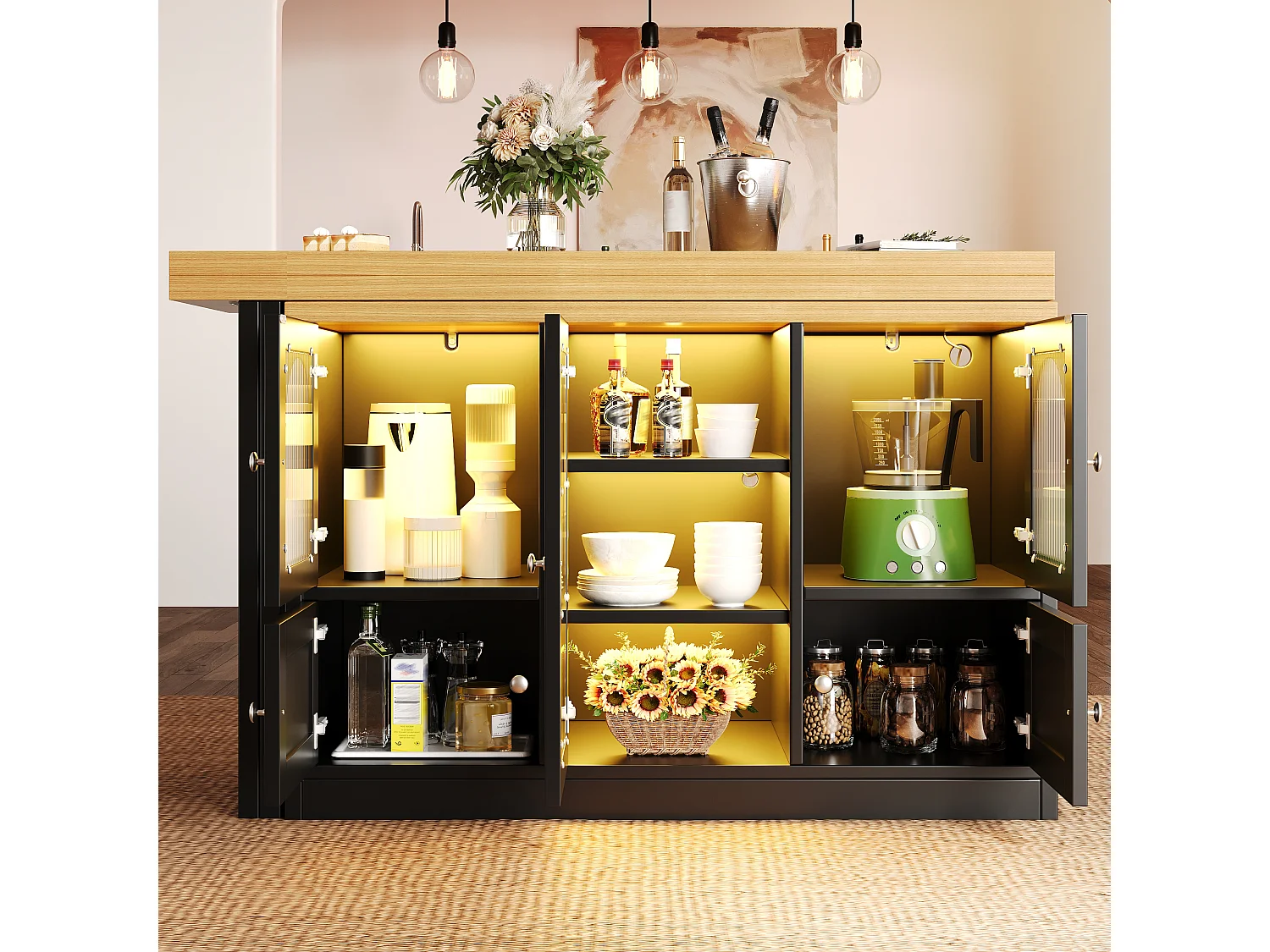Kücheninsel 120-197cm - Küchenmöbel mit um 360° schwenkbarem ausziehbarem Tisch und RGB-LED-Beleuchtung - Schwarz