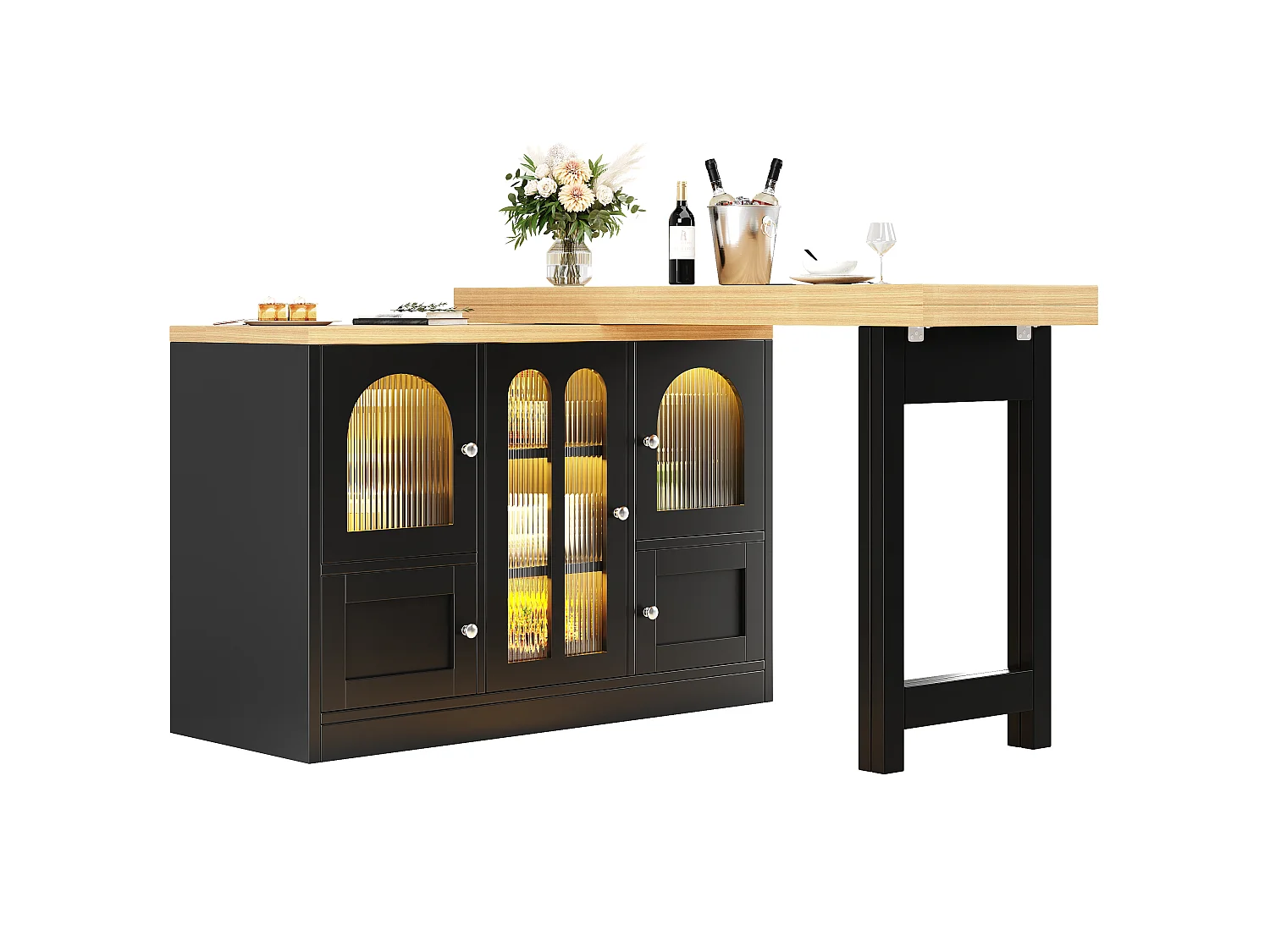 Kücheninsel 120-197cm - Küchenmöbel mit um 360° schwenkbarem ausziehbarem Tisch und RGB-LED-Beleuchtung - Schwarz