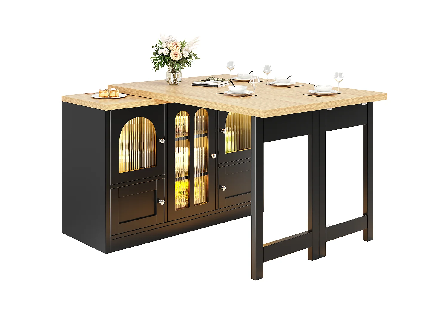Kücheninsel 120-197cm - Küchenmöbel mit um 360° schwenkbarem ausziehbarem Tisch und RGB-LED-Beleuchtung - Schwarz